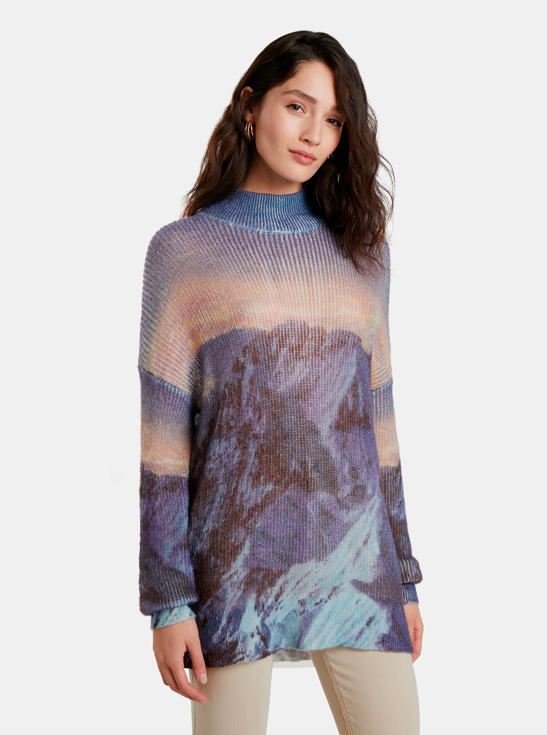 Levně Modrý dámský vzorovaný svetr s příměsí vlny Desigual Mountain