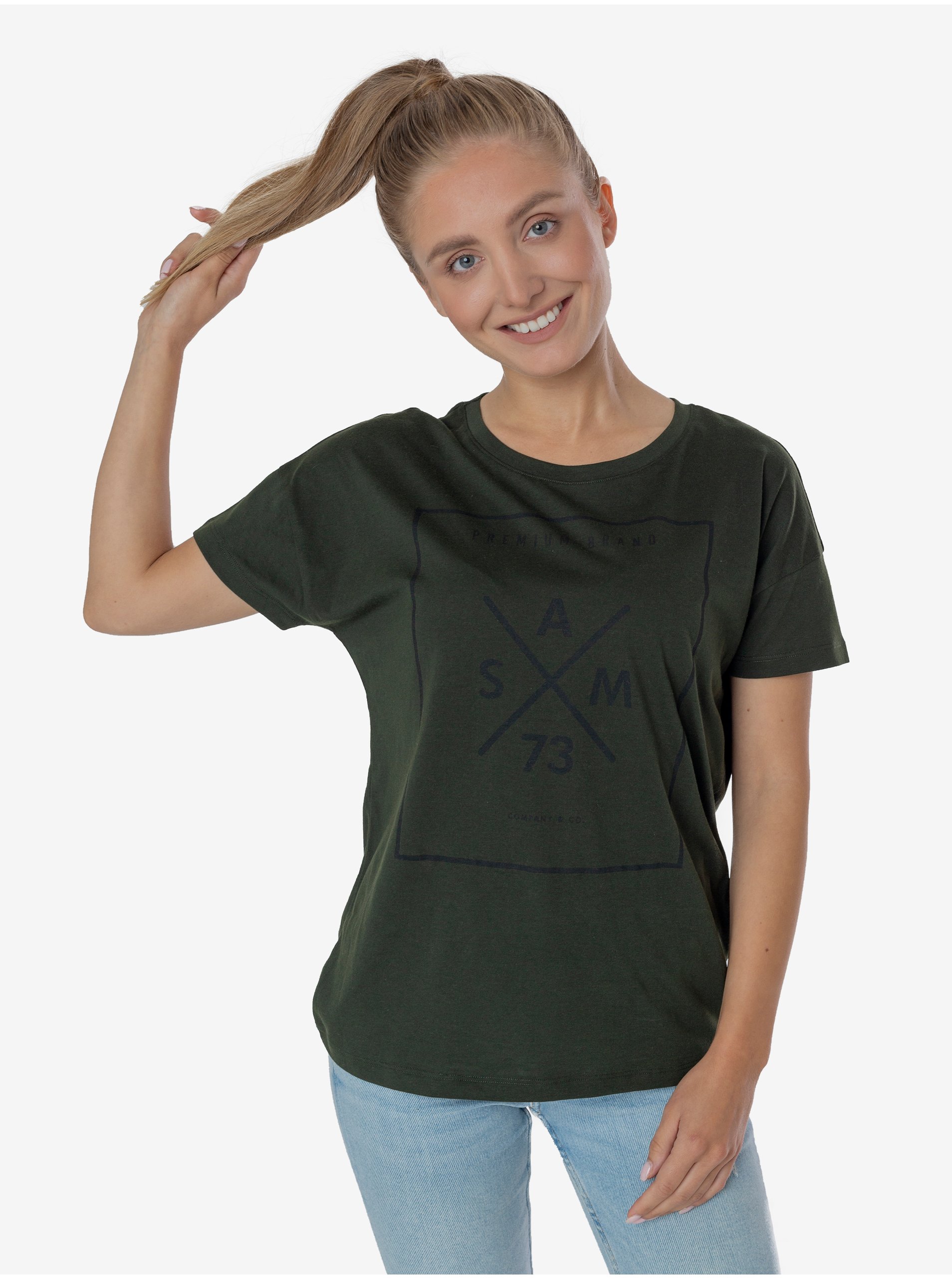 Levně Tmavě zelené dámské tričko s potiskem SAM 73