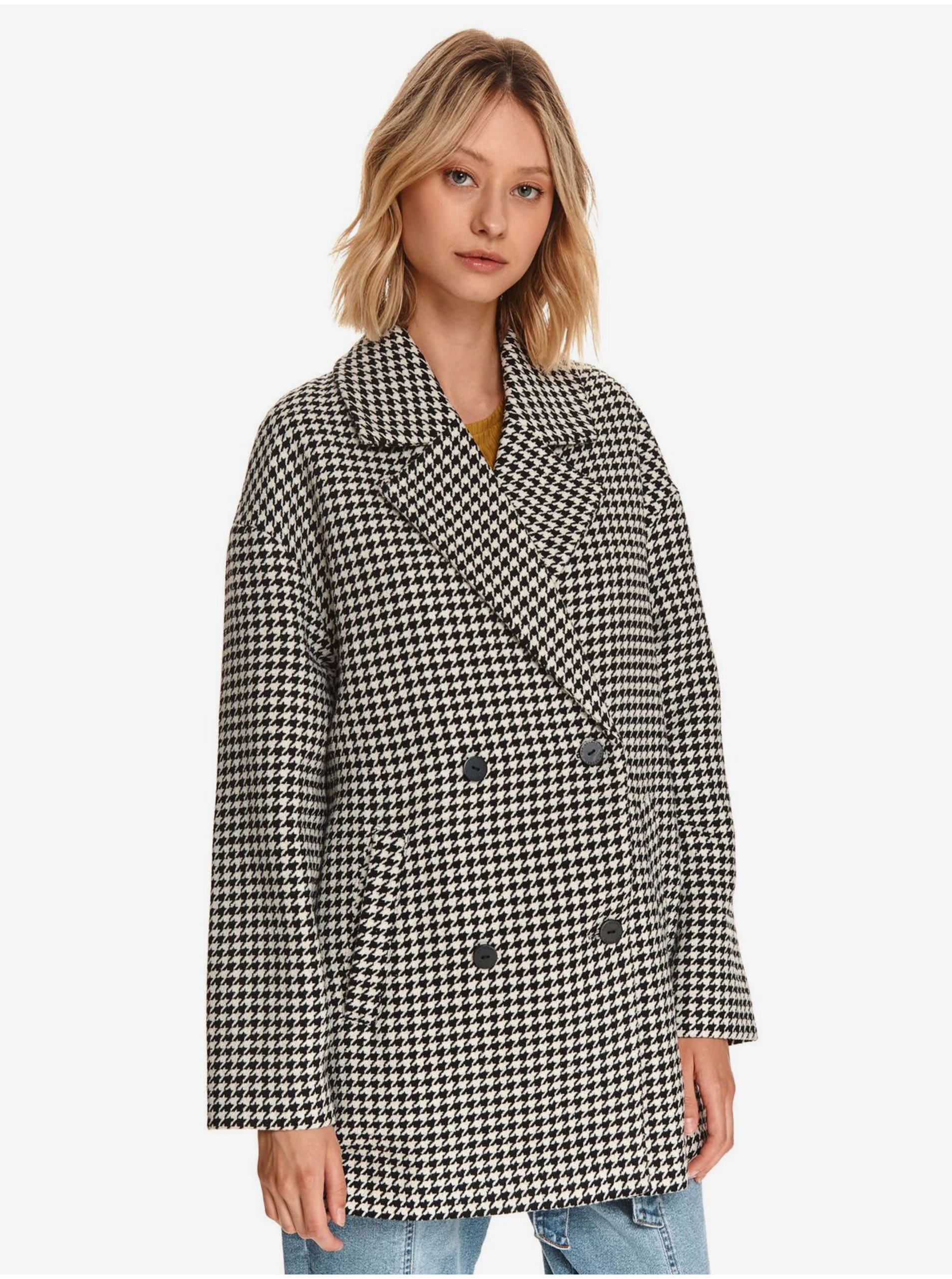 E-shop Bílo-černý dámský kostkovaný kabát s příměsí vlny TOP SECRET