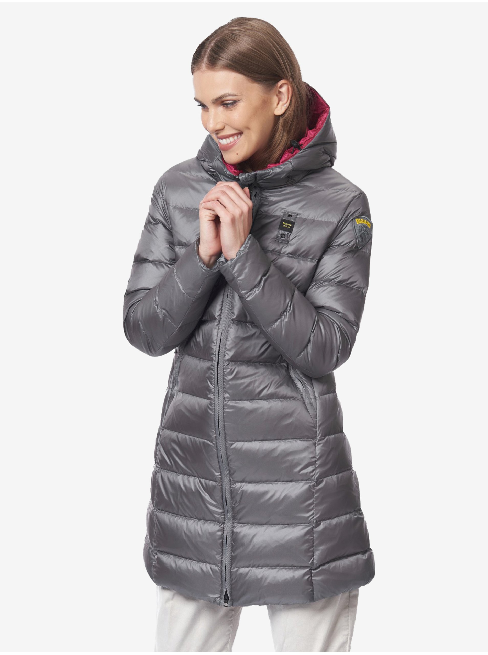 Lacno Růžovo-šedá dámská prošívaná prodloužená zimní bunda s kapucí Blauer
