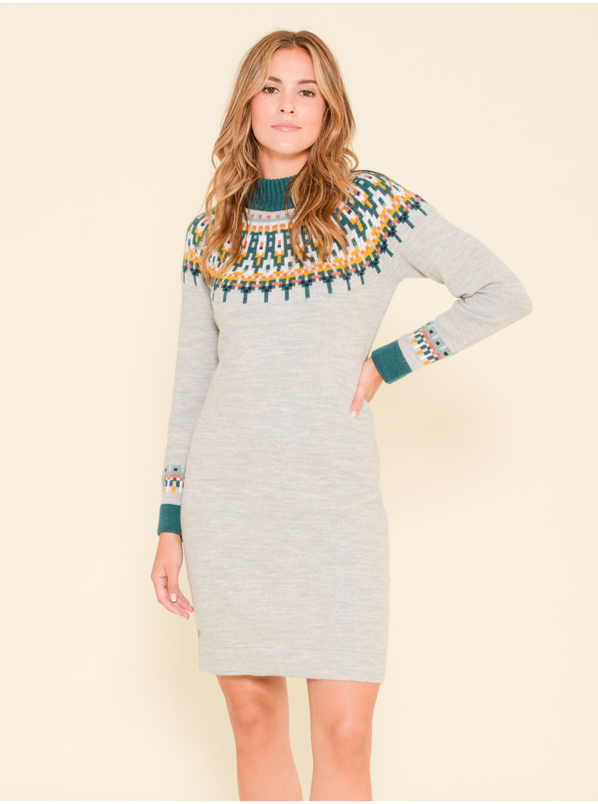E-shop Zeleno-šedé vzorované svetrové šaty s prímesou vlny Brakeburn