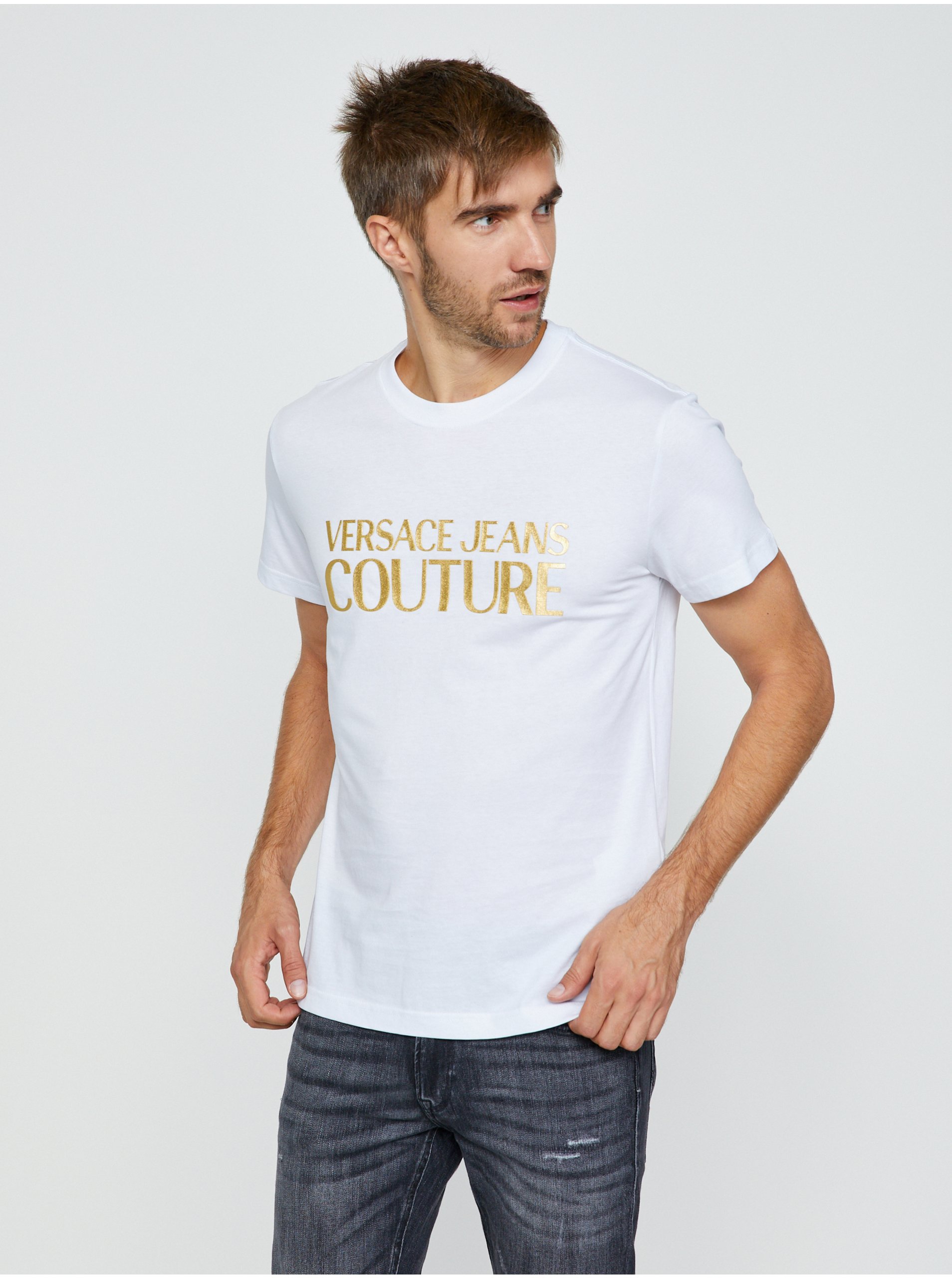 Lacno Biele pánske tričko s potlačou Versace Jeans Couture S Logo Foil