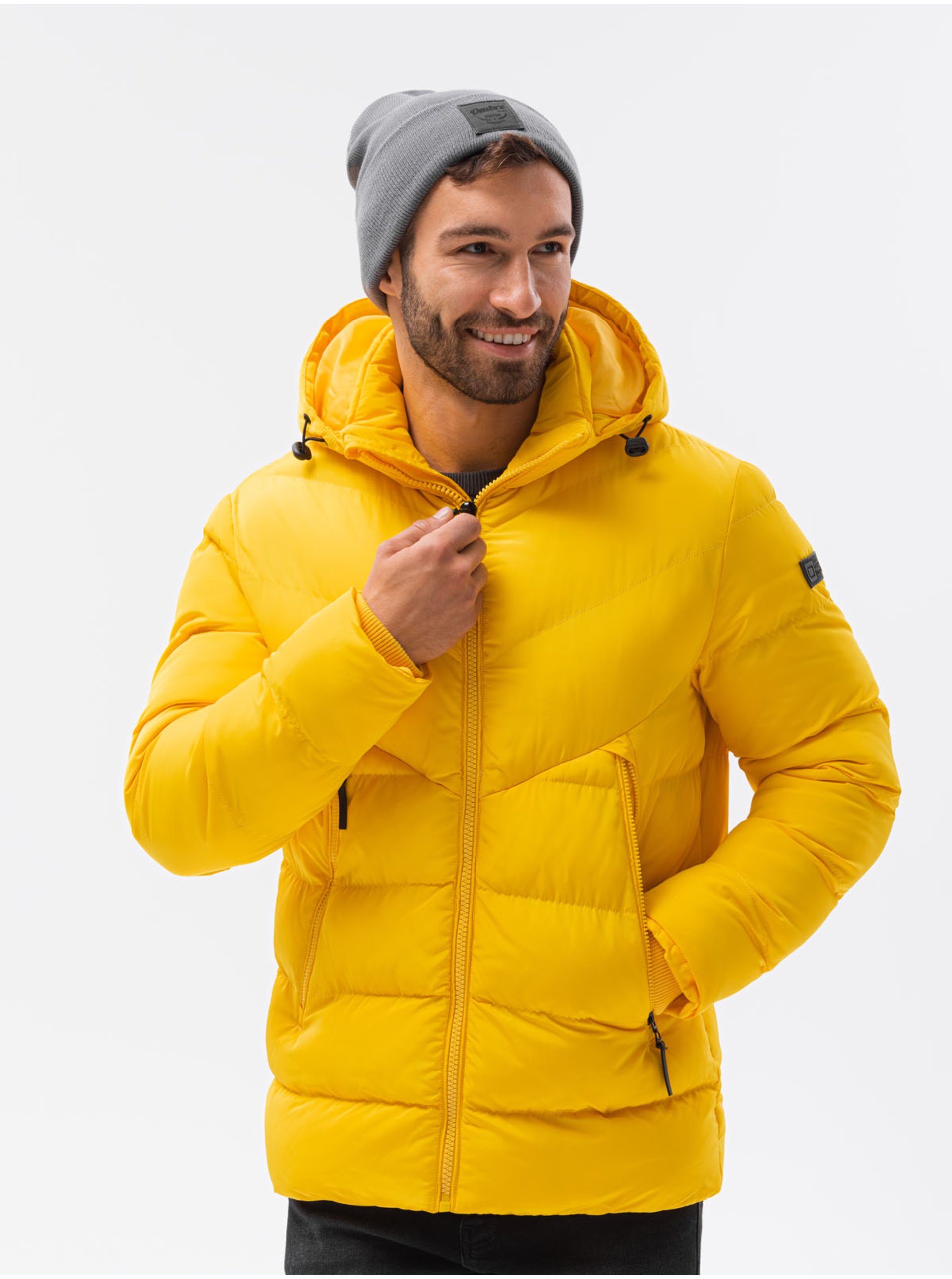 Levně Žlutá pánská prošívaná zimní bunda Ombre Clothing