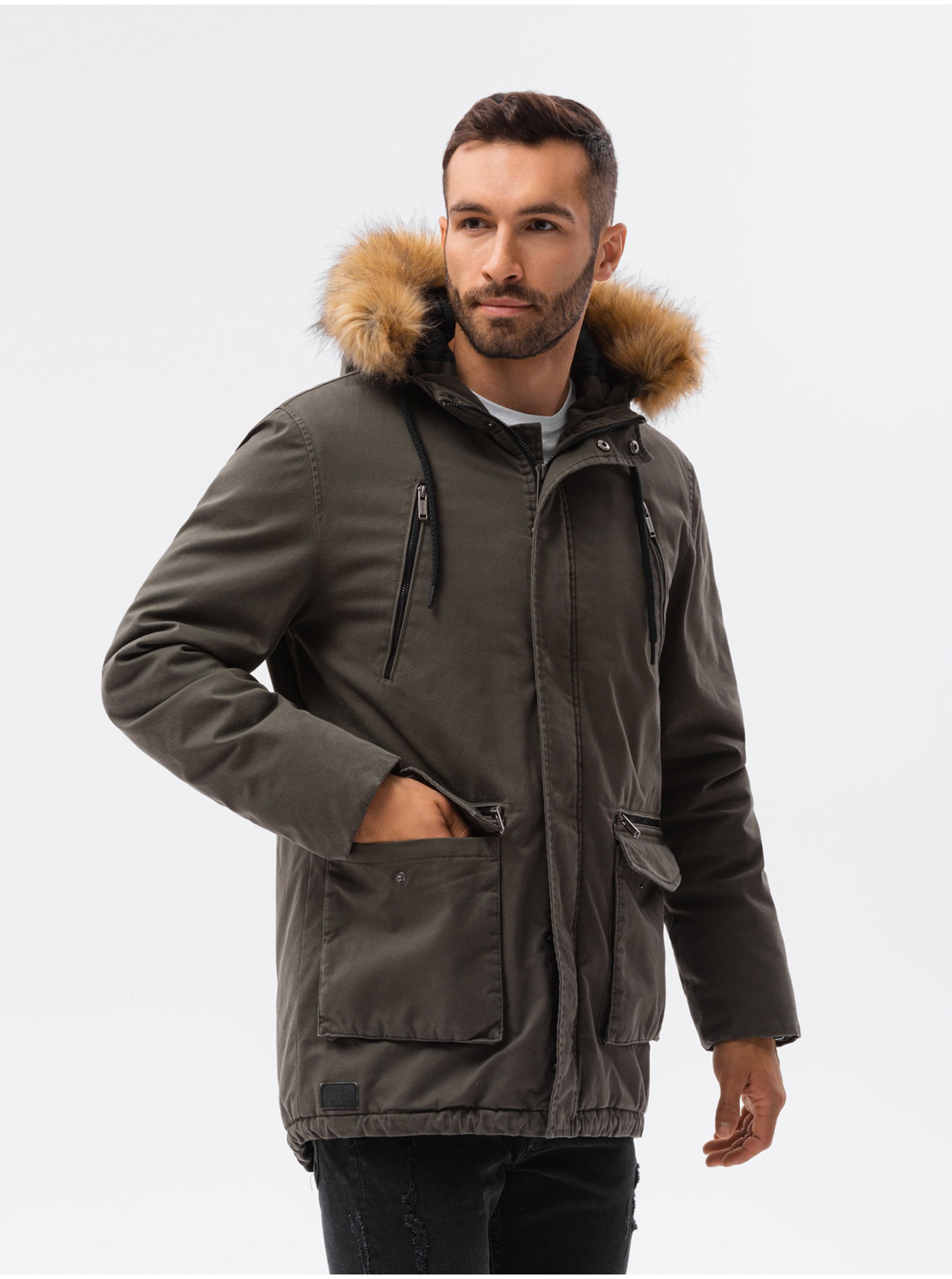 Levně Khaki pánská zimní bunda Ombre Clothing C512