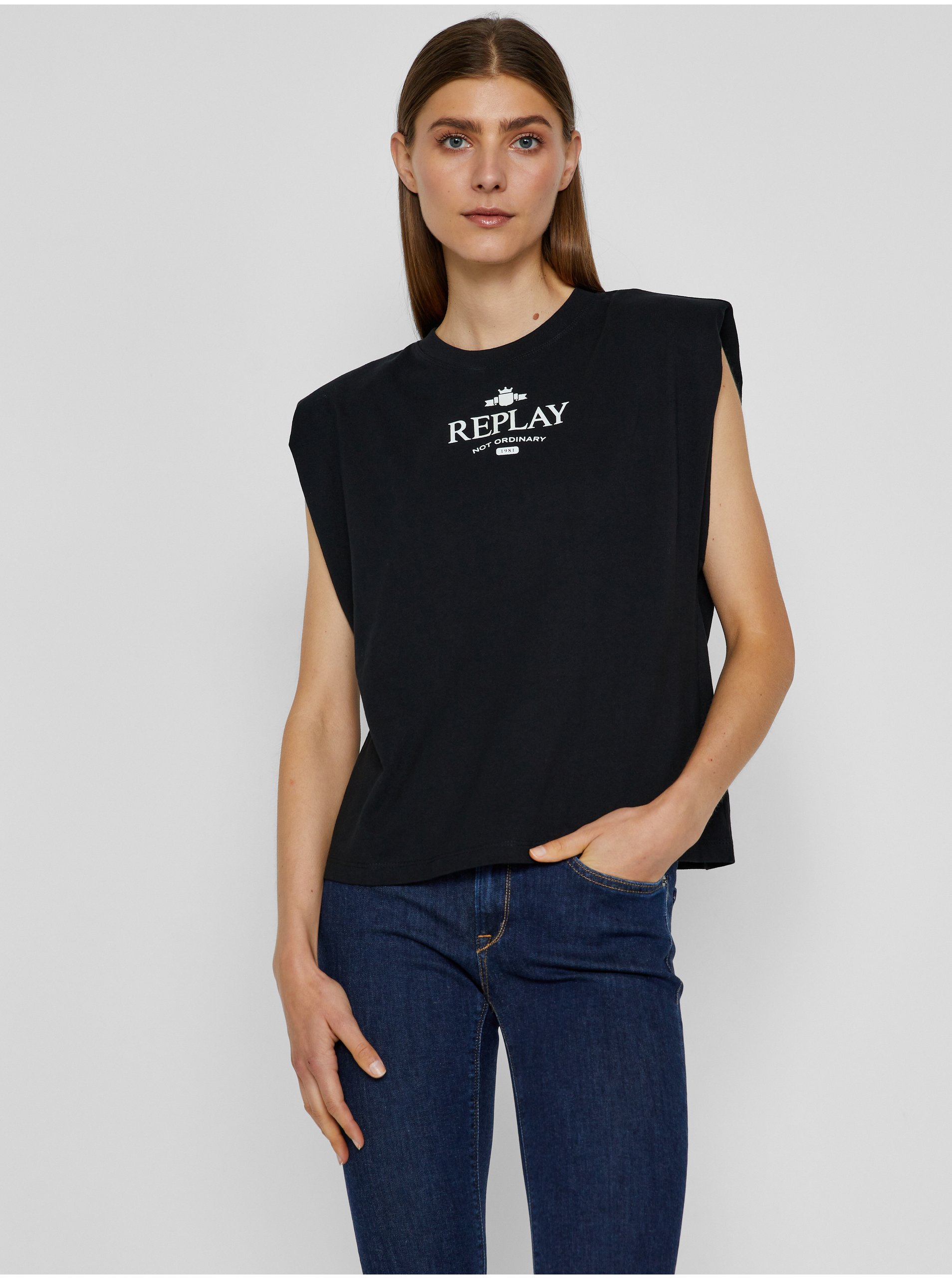 Lacno Čierne dámske tričko s potlačou Replay