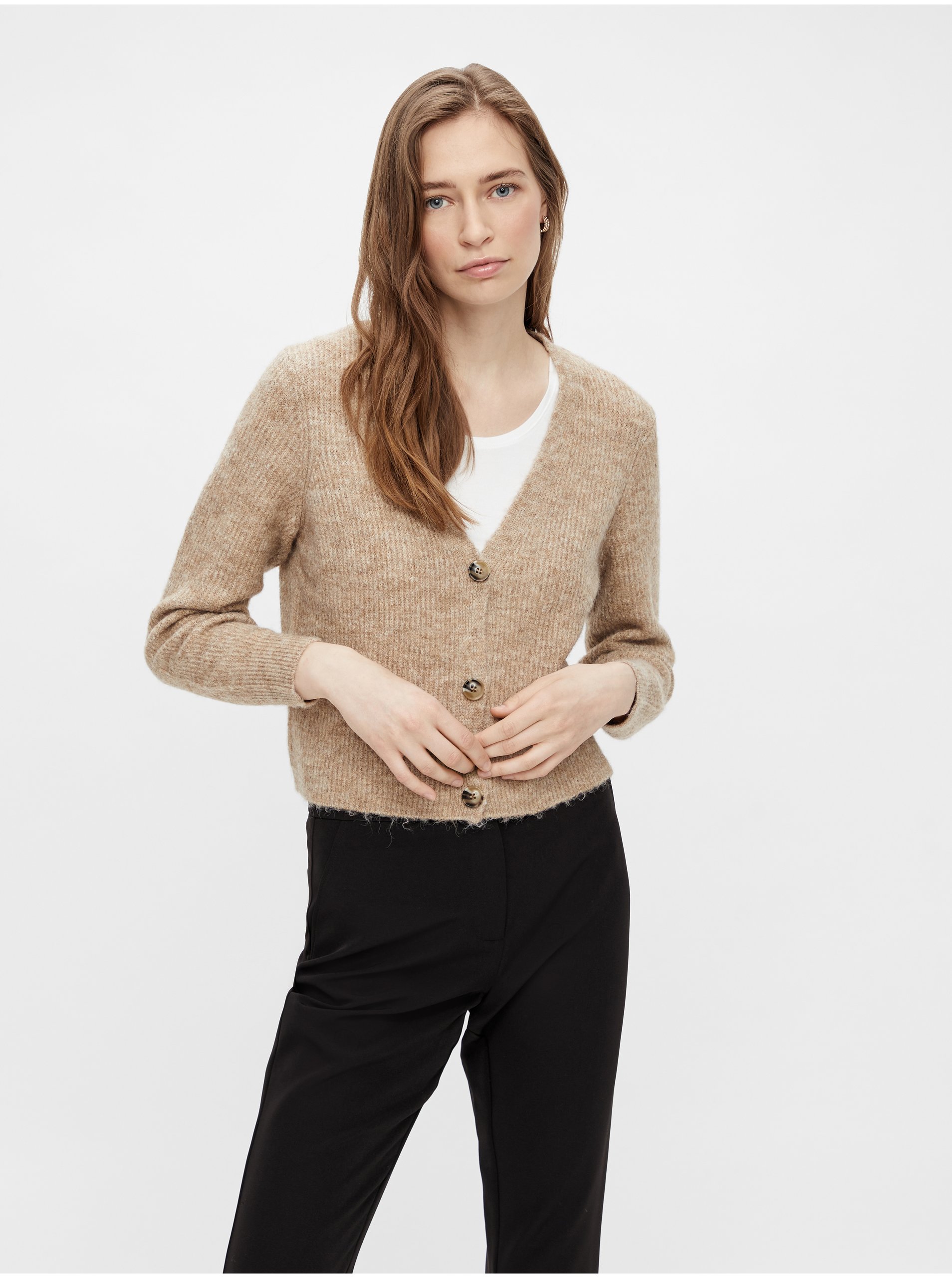Lacno Béžový dámsky rebrovaný sveter na gombíky Pieces Ellen