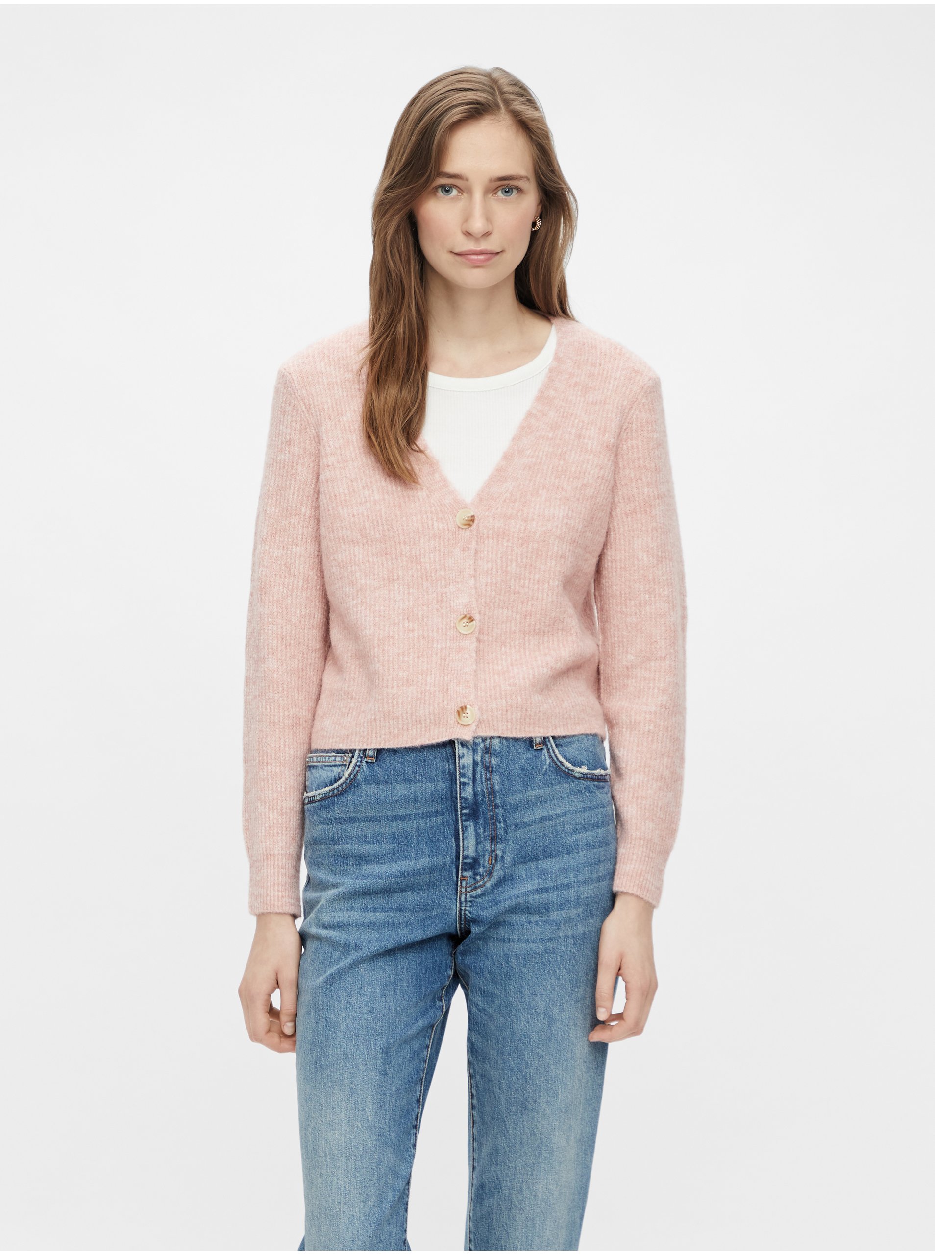 Levně Světle růžový dámský žebrovaný svetr na knoflíky Pieces Ellen