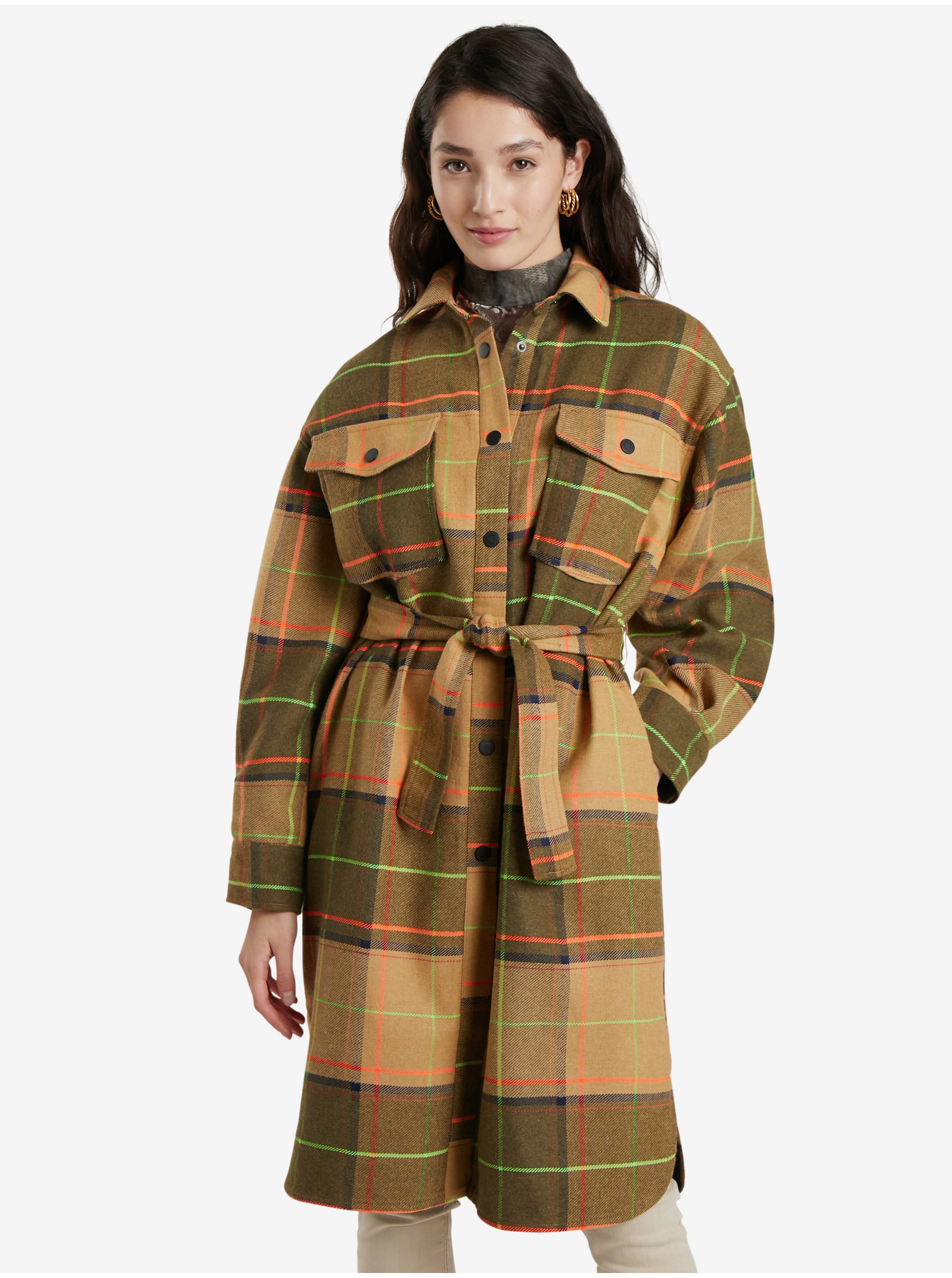 E-shop Hnedý dámsky kockovaný kabát Desigual Abrig Checks