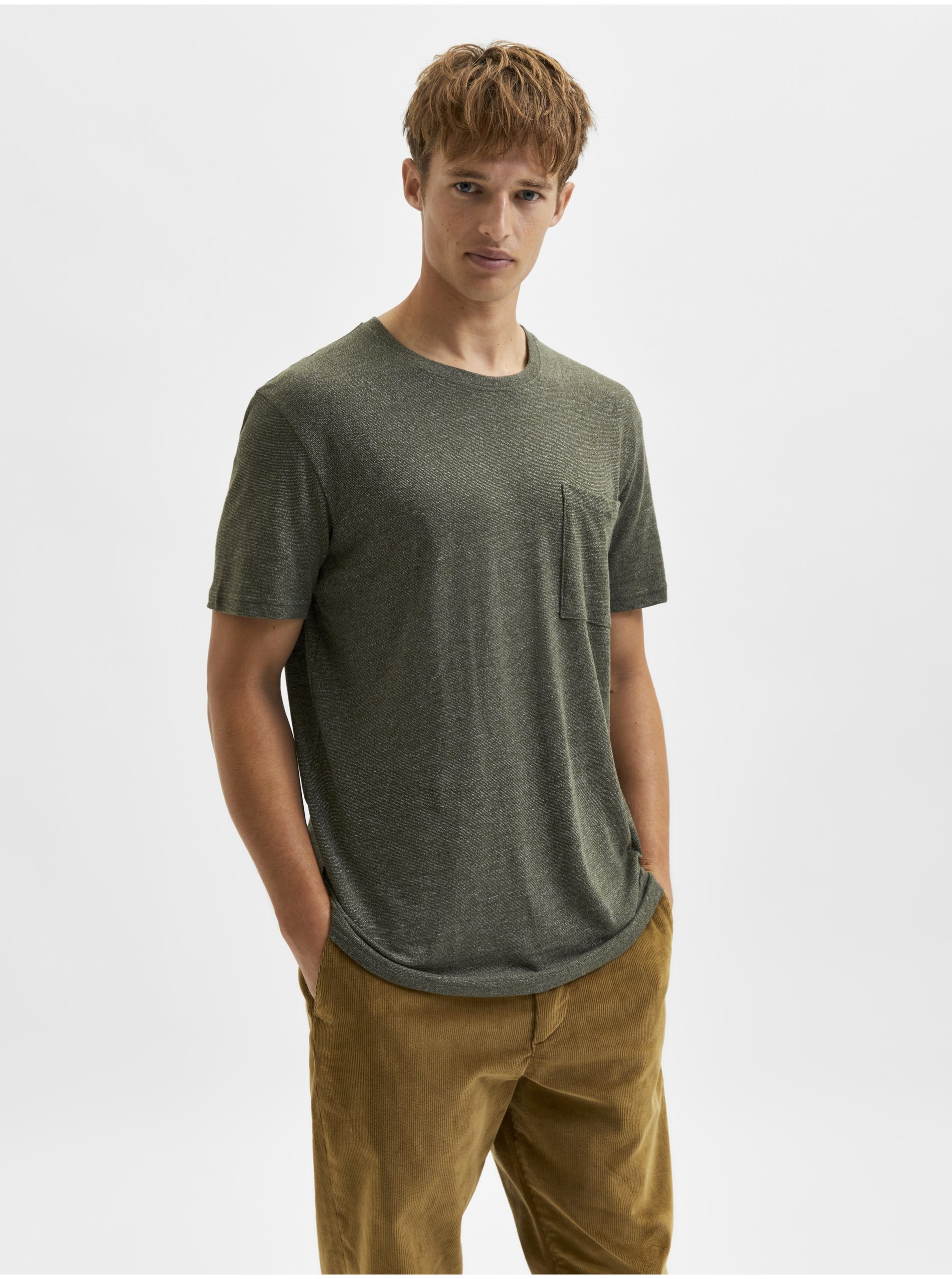 Levně Khaki pánské žíhané tričko s kapsou Selected Homme Decker