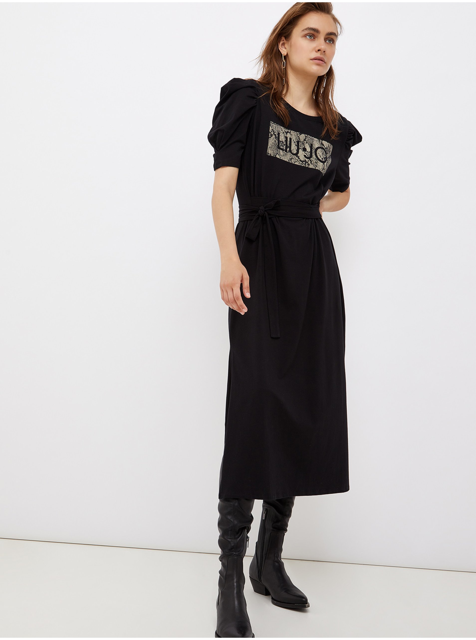 Lacno Čierne dámske midi šaty s nariasenými rukávmi Liu Jo