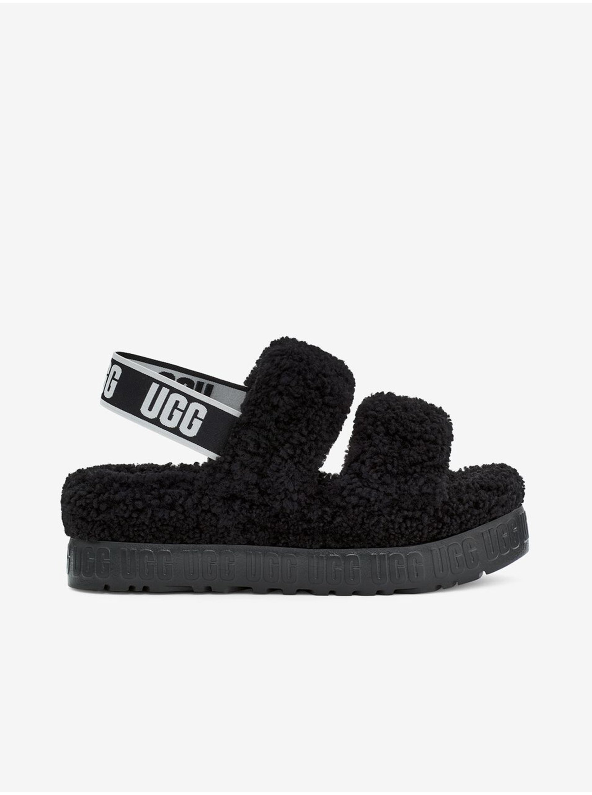 Lacno Čierne dámske kožené sandále s kožúškom UGG Oh Fluffita