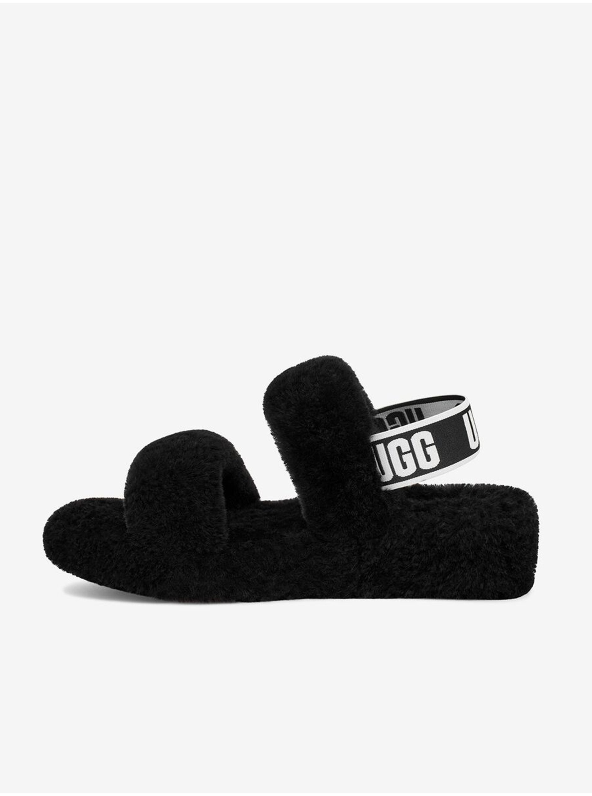 Lacno Čierne dámske kožené sandále s kožúškom UGG Oh Yeah