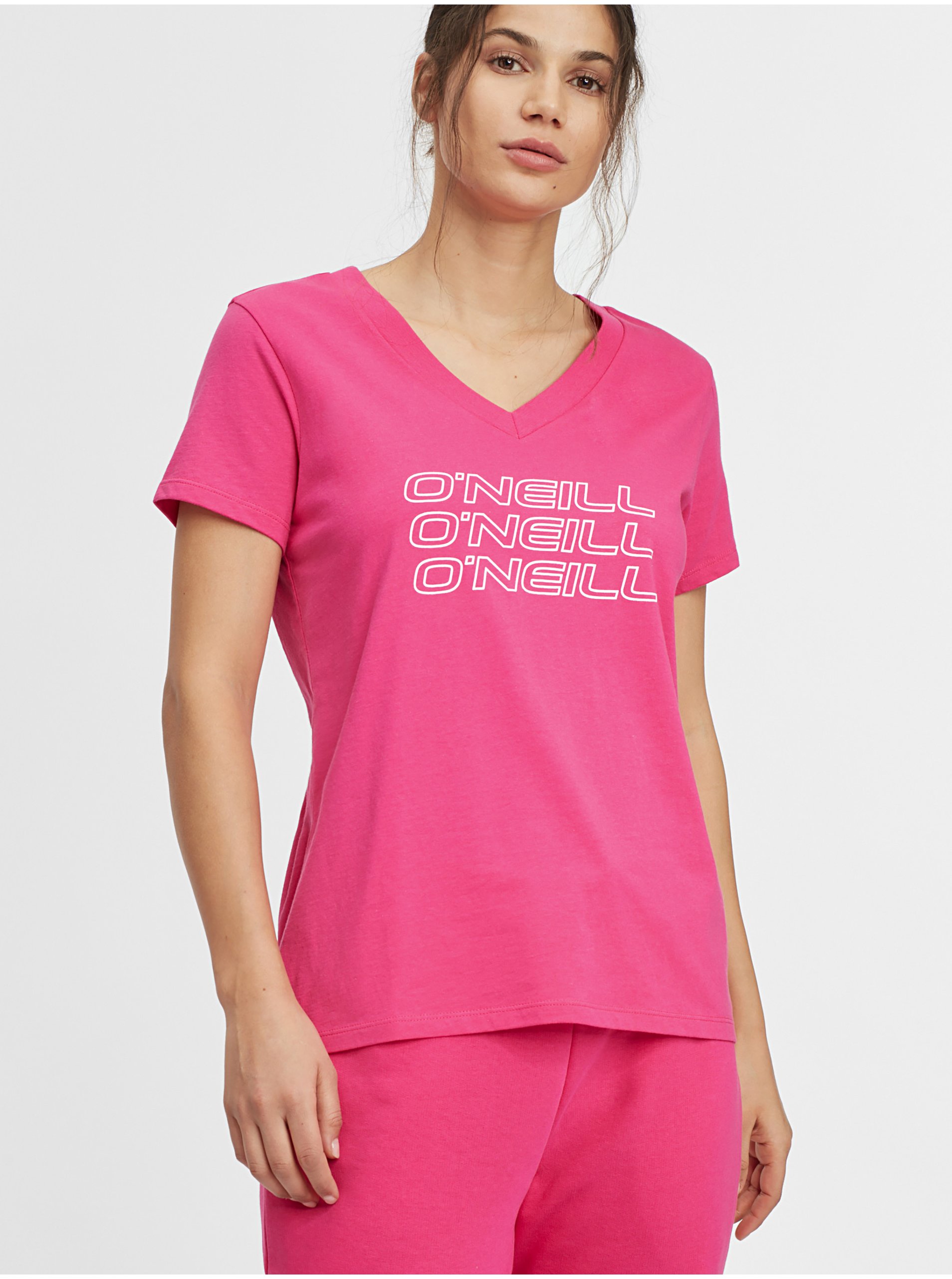 Levně Růžové dámské tričko O'Neill Triple Stack V-Neck