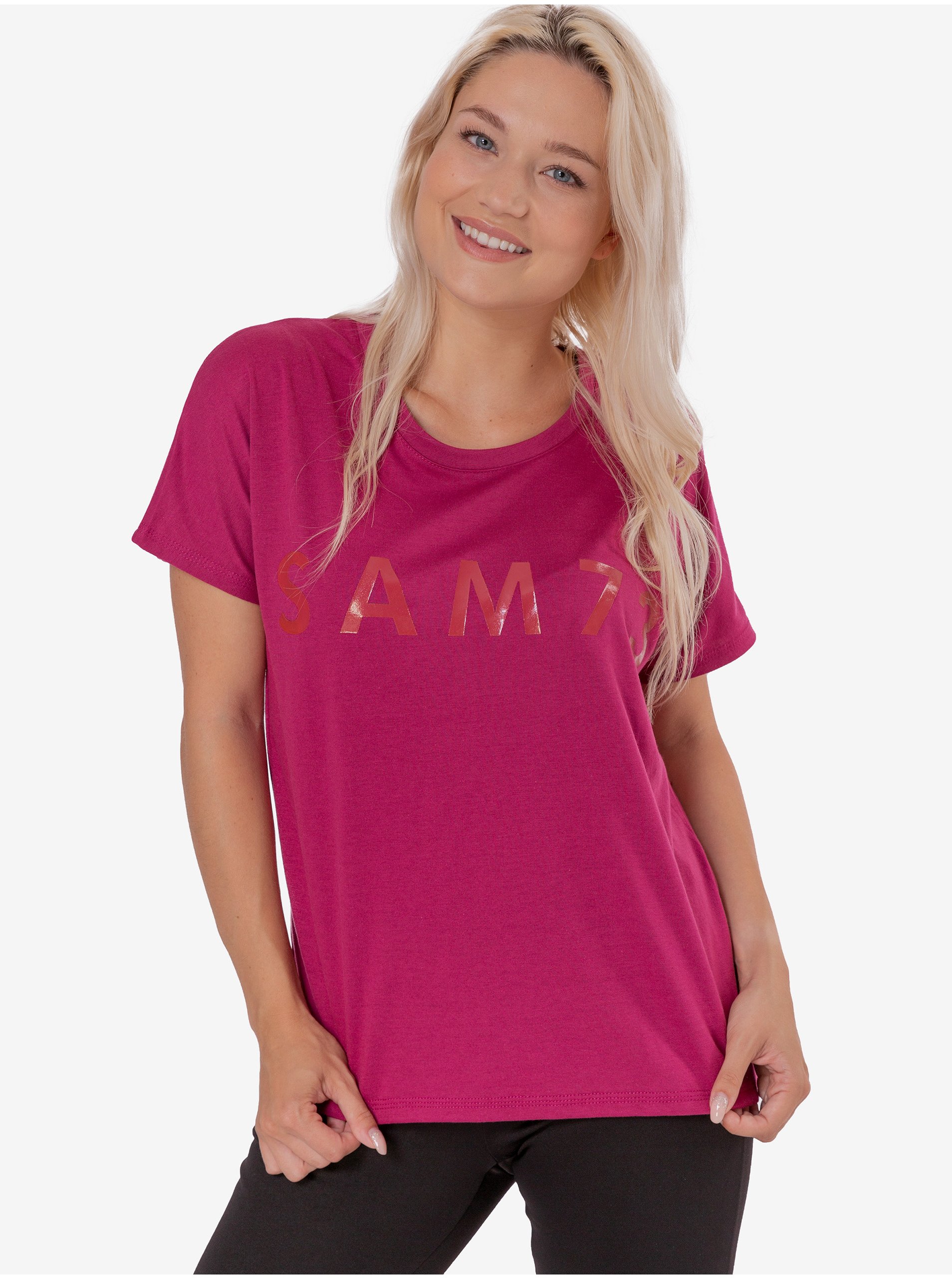 Levně Tmavě růžové dámské tričko s potiskem SAM 73