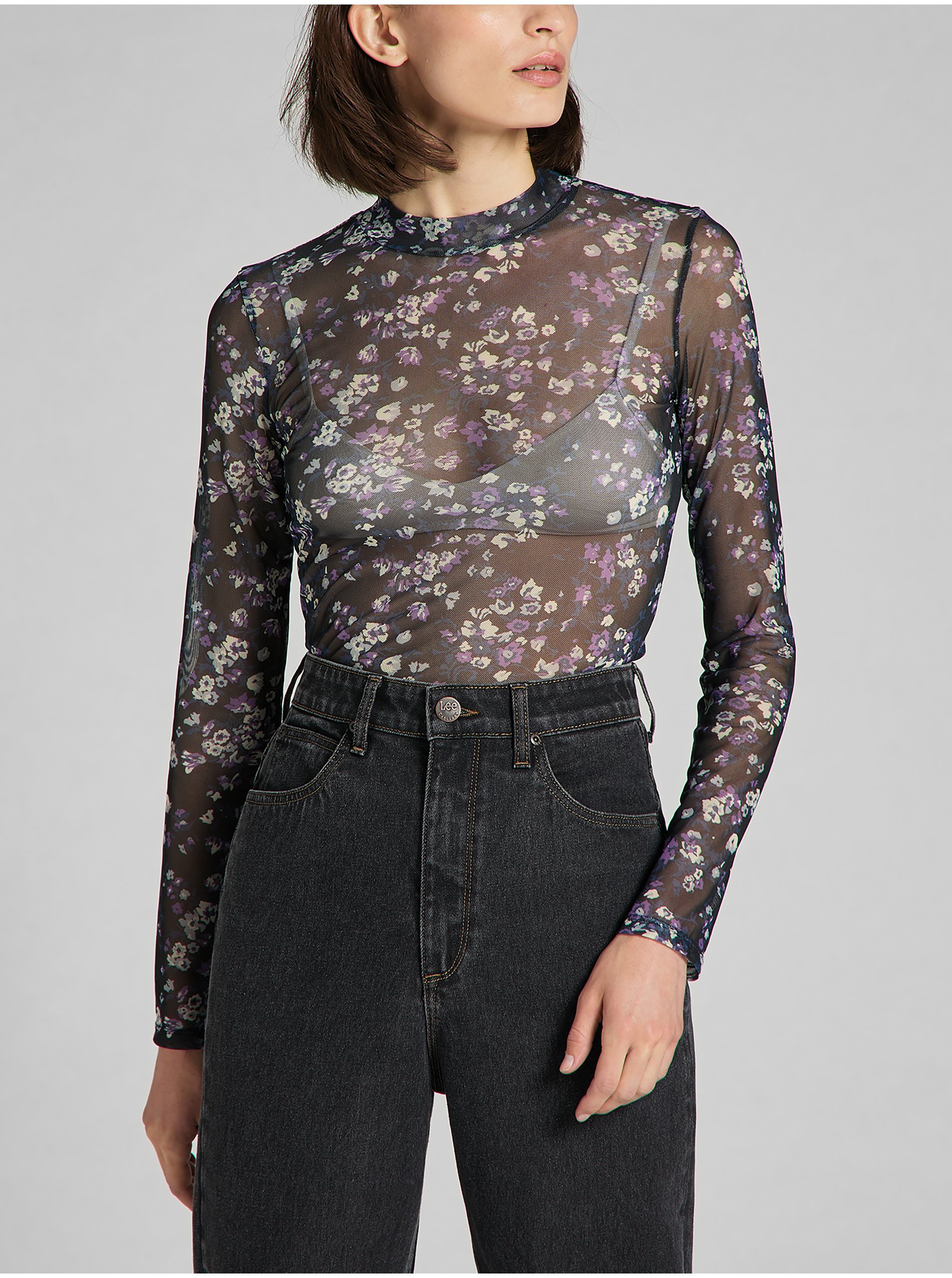 Lacno Čierne dámske priesvitné kvetované tričko Lee Printer