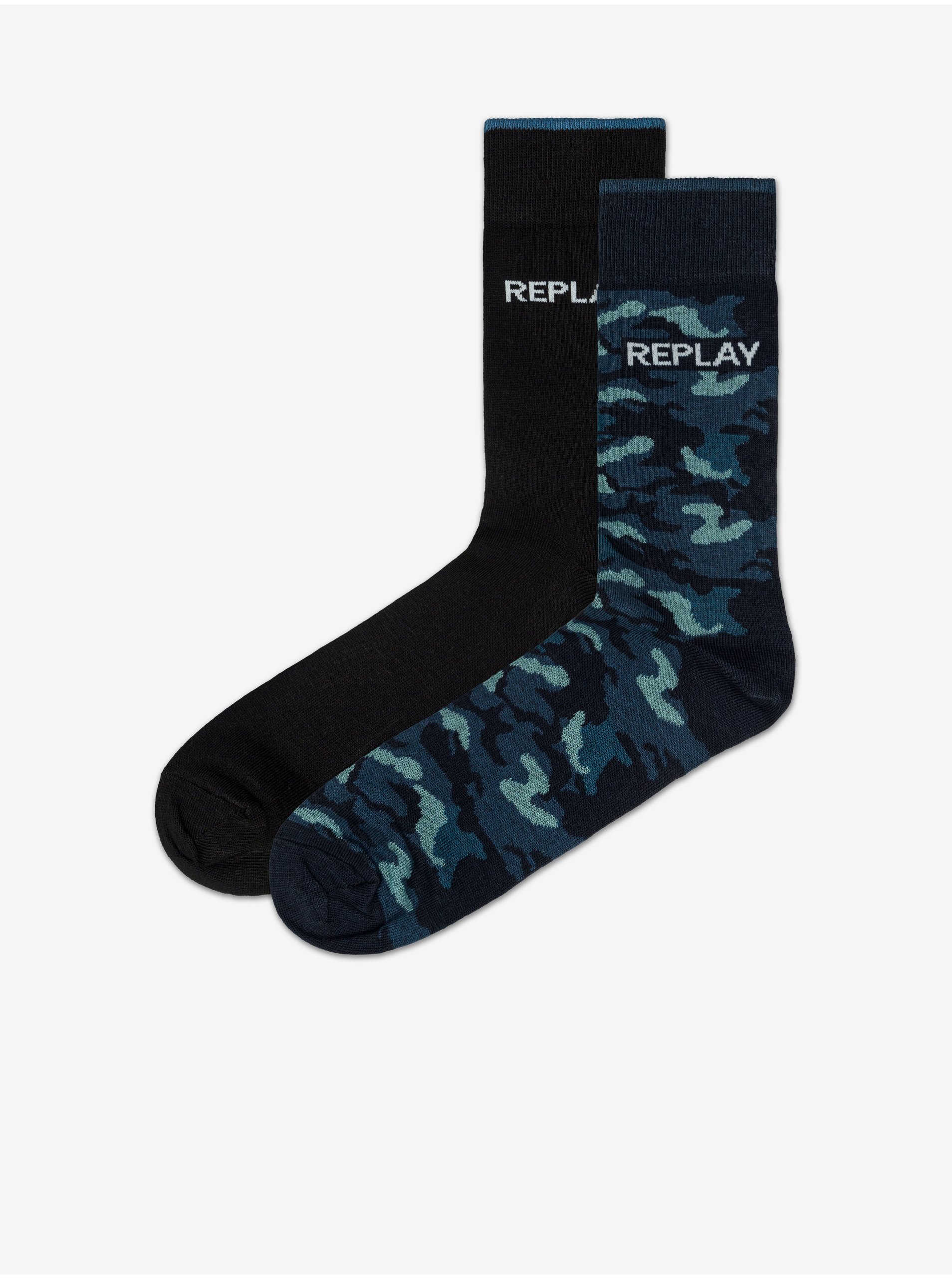 Levně Sada dvou párů vzorovaných ponožek v černé a modré barvě Replay Banderole