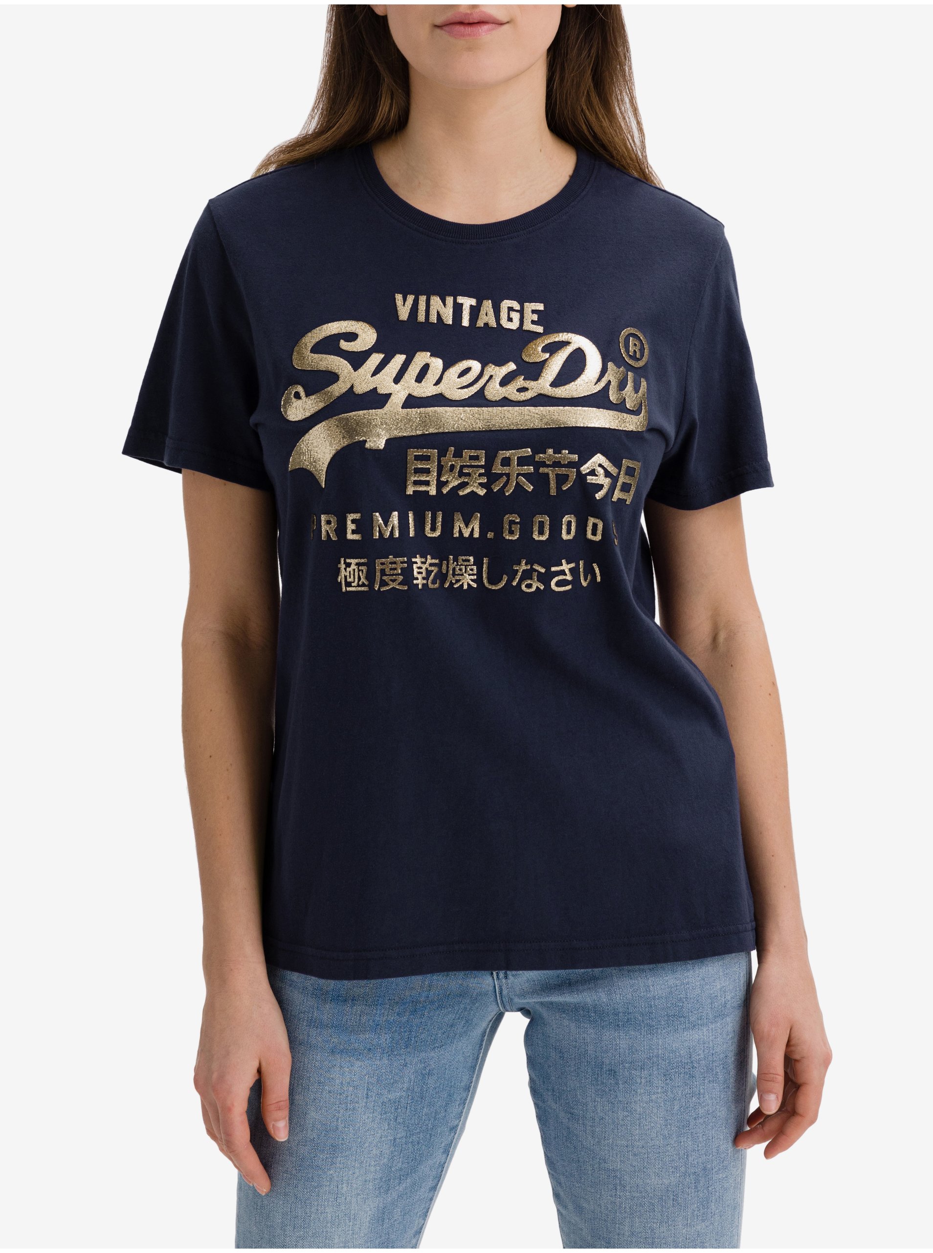 Levně Tmavě modré dámské tričko s potiskem Superdry Metallic