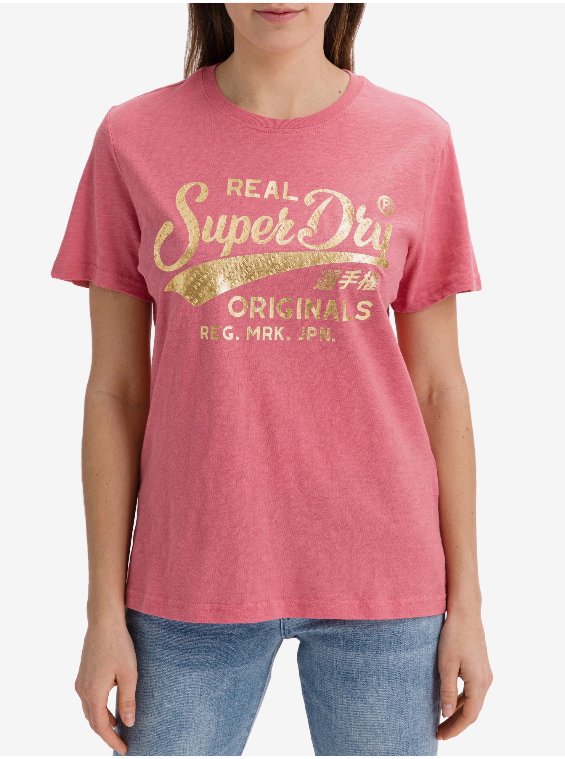 Levně Růžové dámské tričko s potiskem Superdry