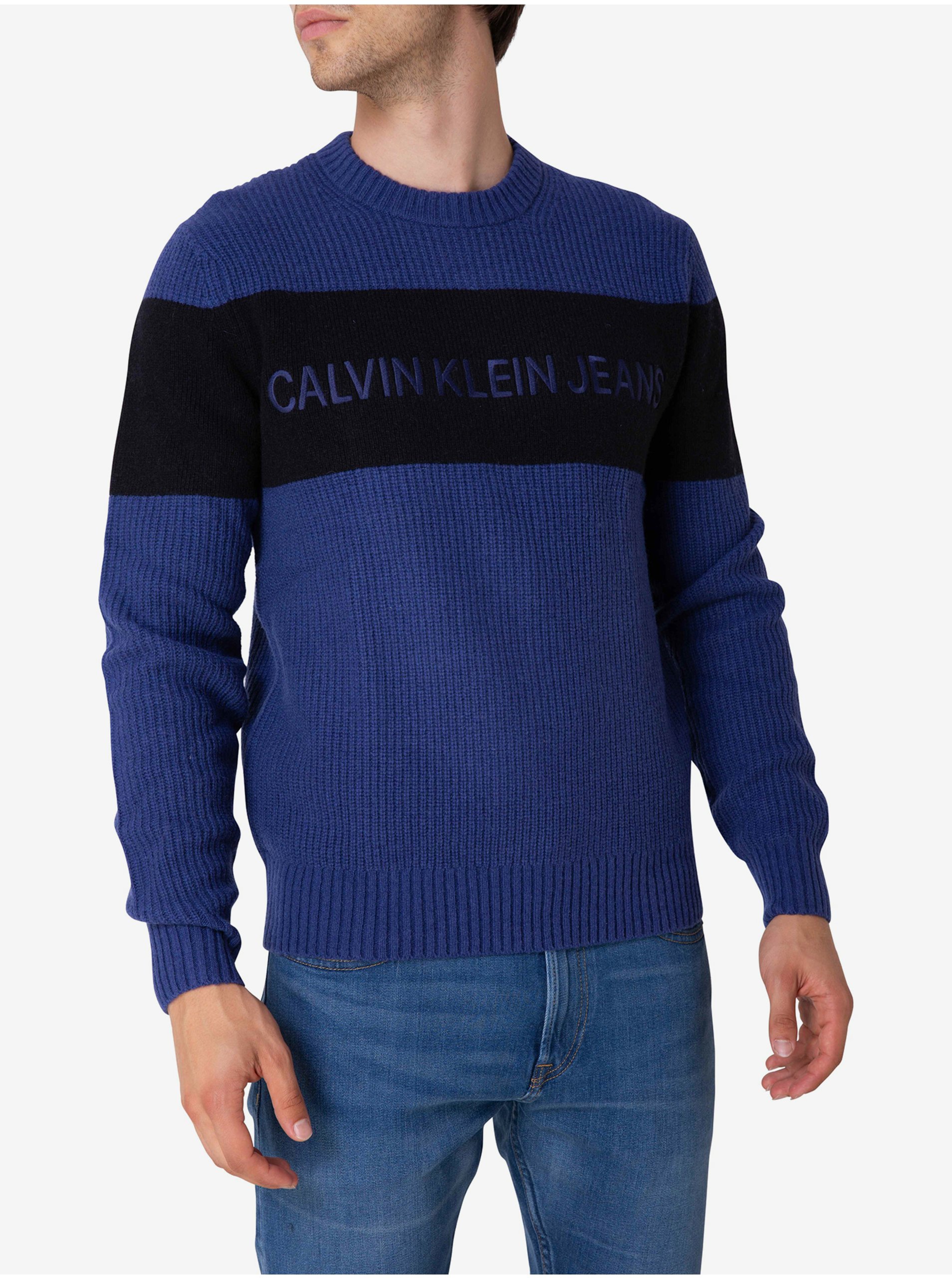 Lacno Černo-modrý pánský vlněný svetr Calvin Klein Jeans