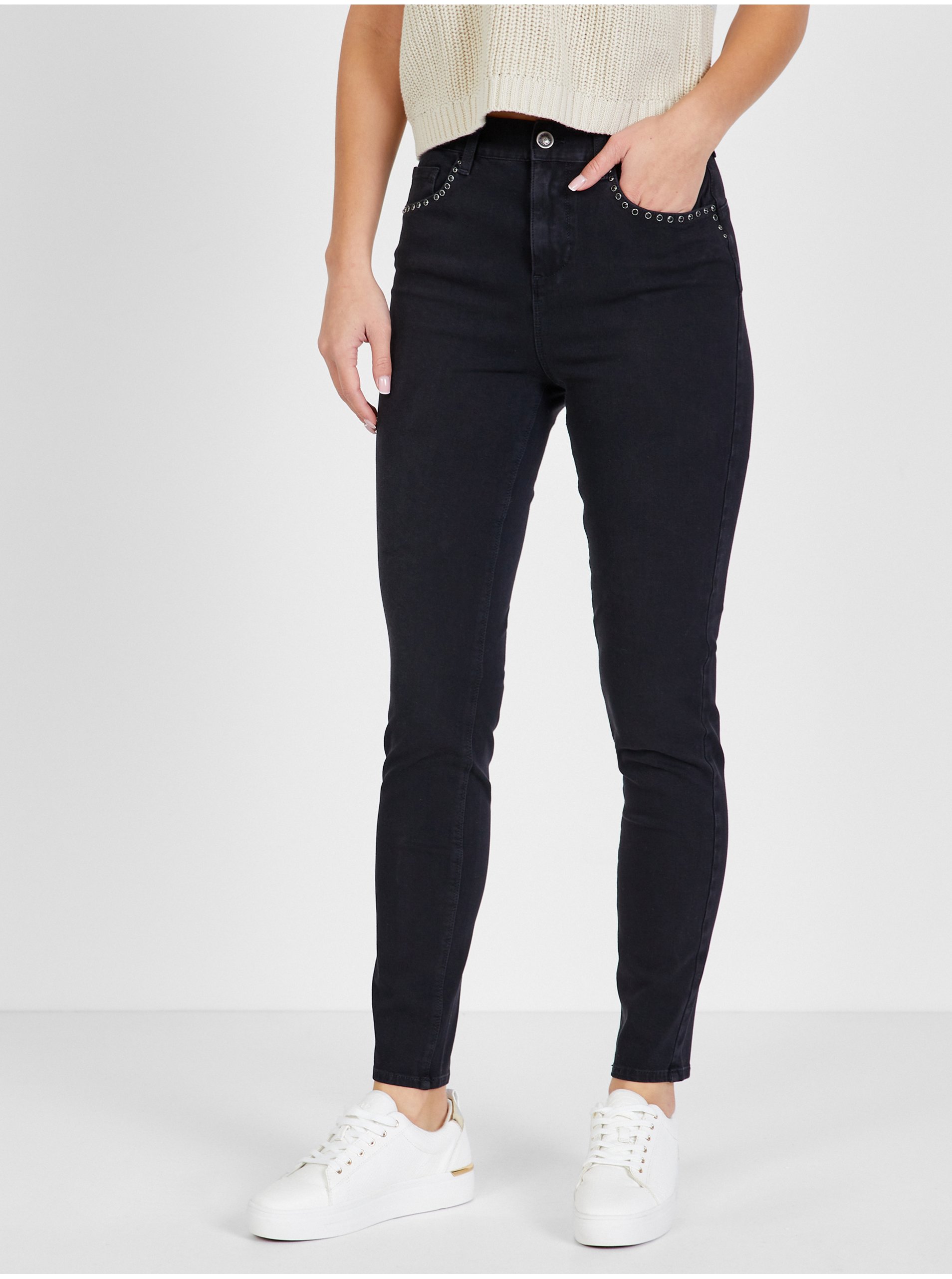 Levně Černé dámské slim fit džíny s ozdobnými detaily Liu Jo
