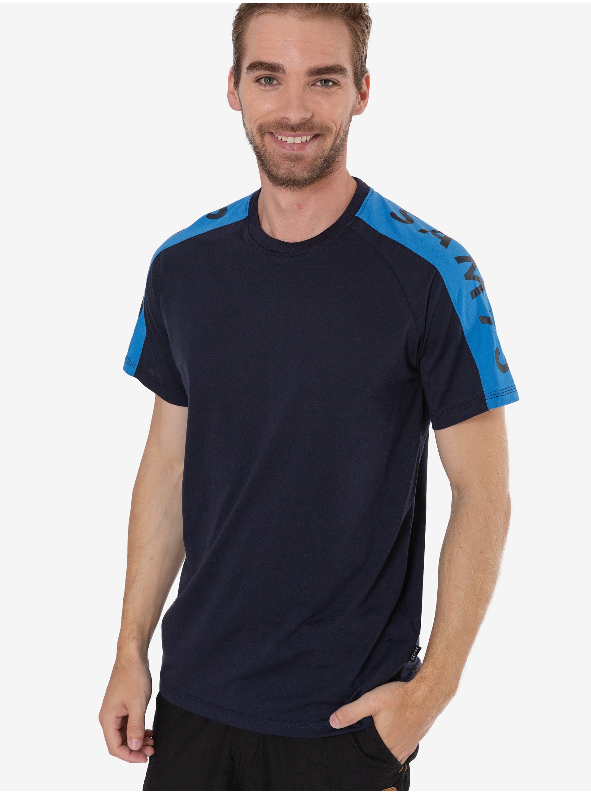 Levně Tmavě modré pánské tričko s potiskem SAM 73