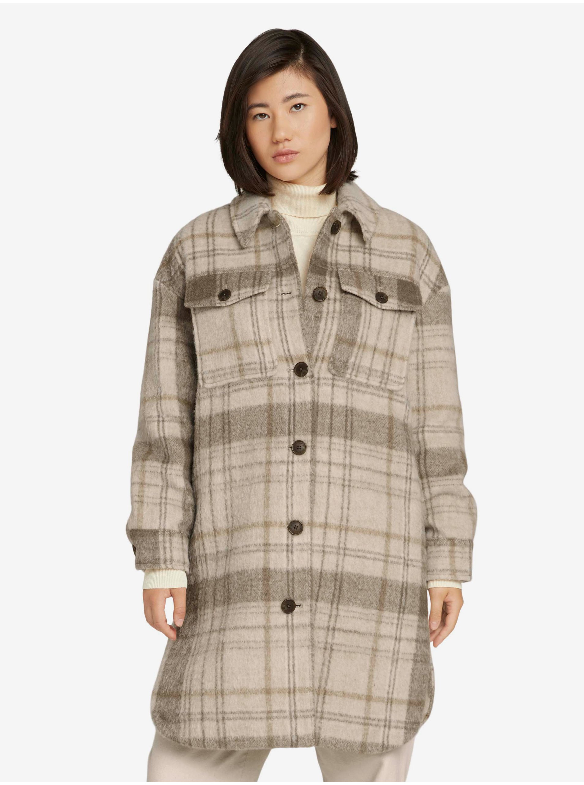 E-shop Hnedo-béžový dámsky kockovaný košeľový kabát Tom Tailor Plaid