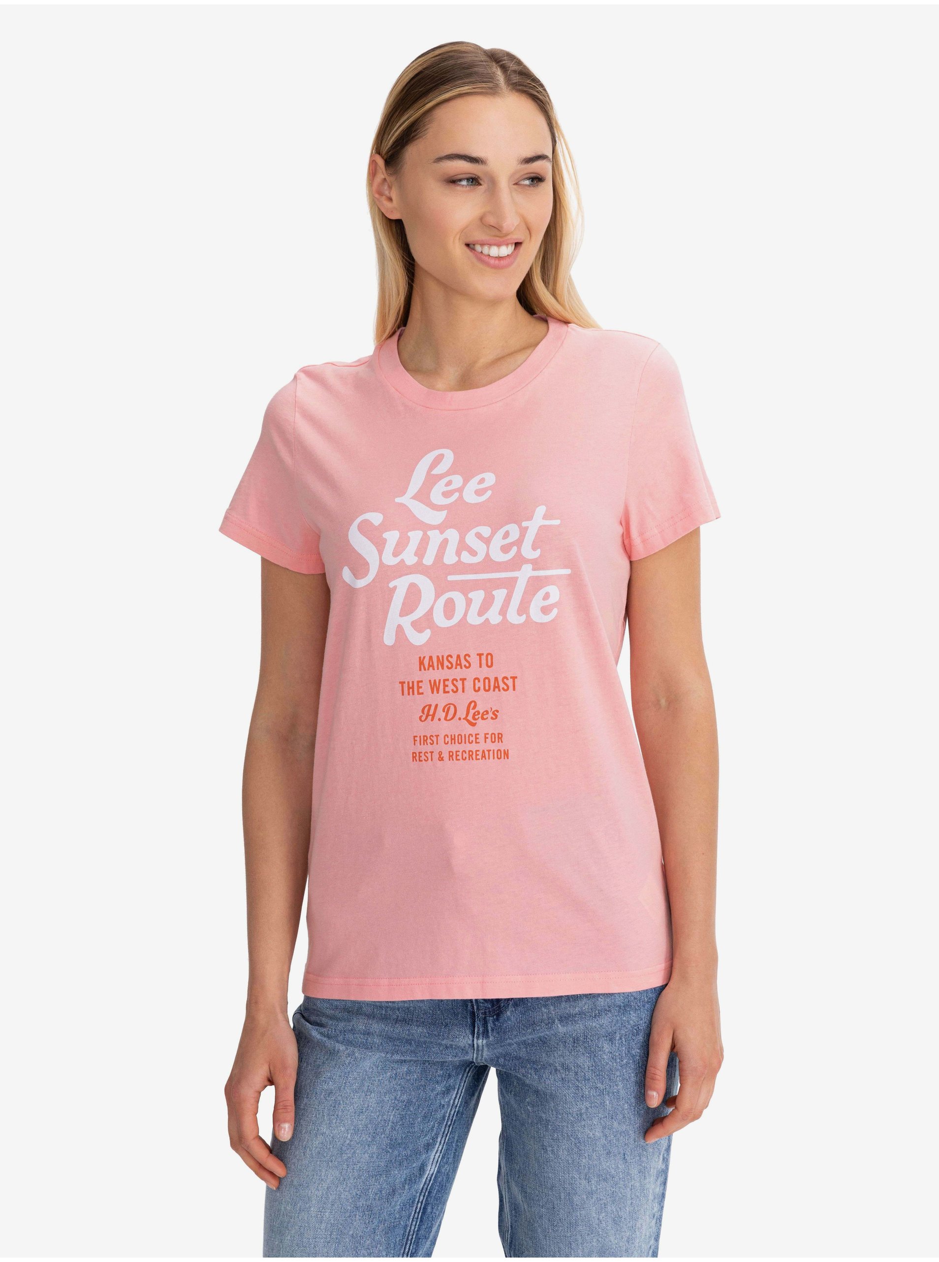 Levně Růžové dámské tričko s potiskem Lee