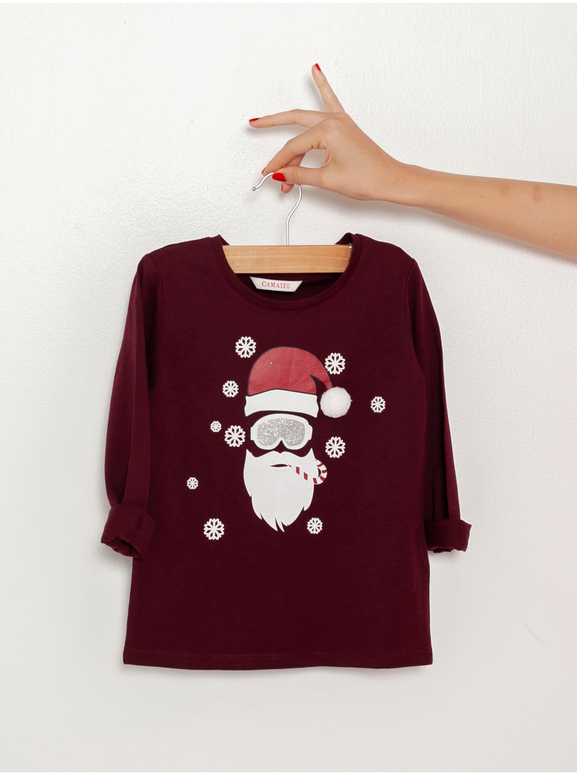 Levně Vínové holčičí tričko s vánočním motivem CAMAIEU
