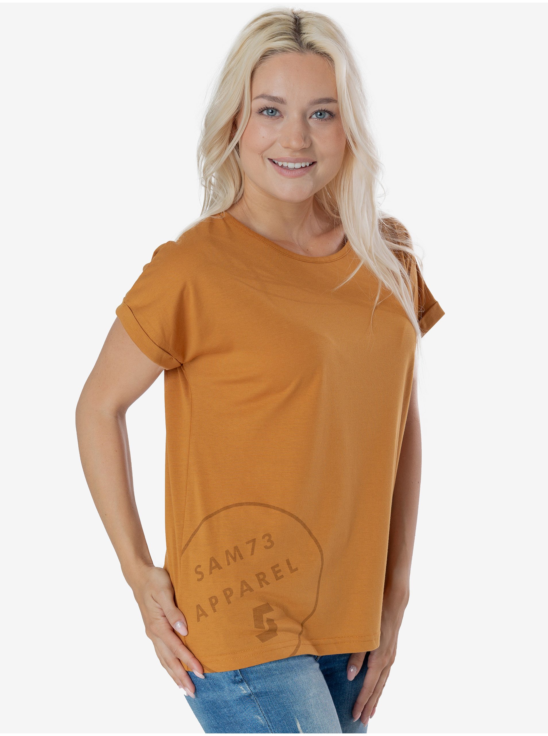 Levně Hořčicové dámské tričko s potiskem SAM 73