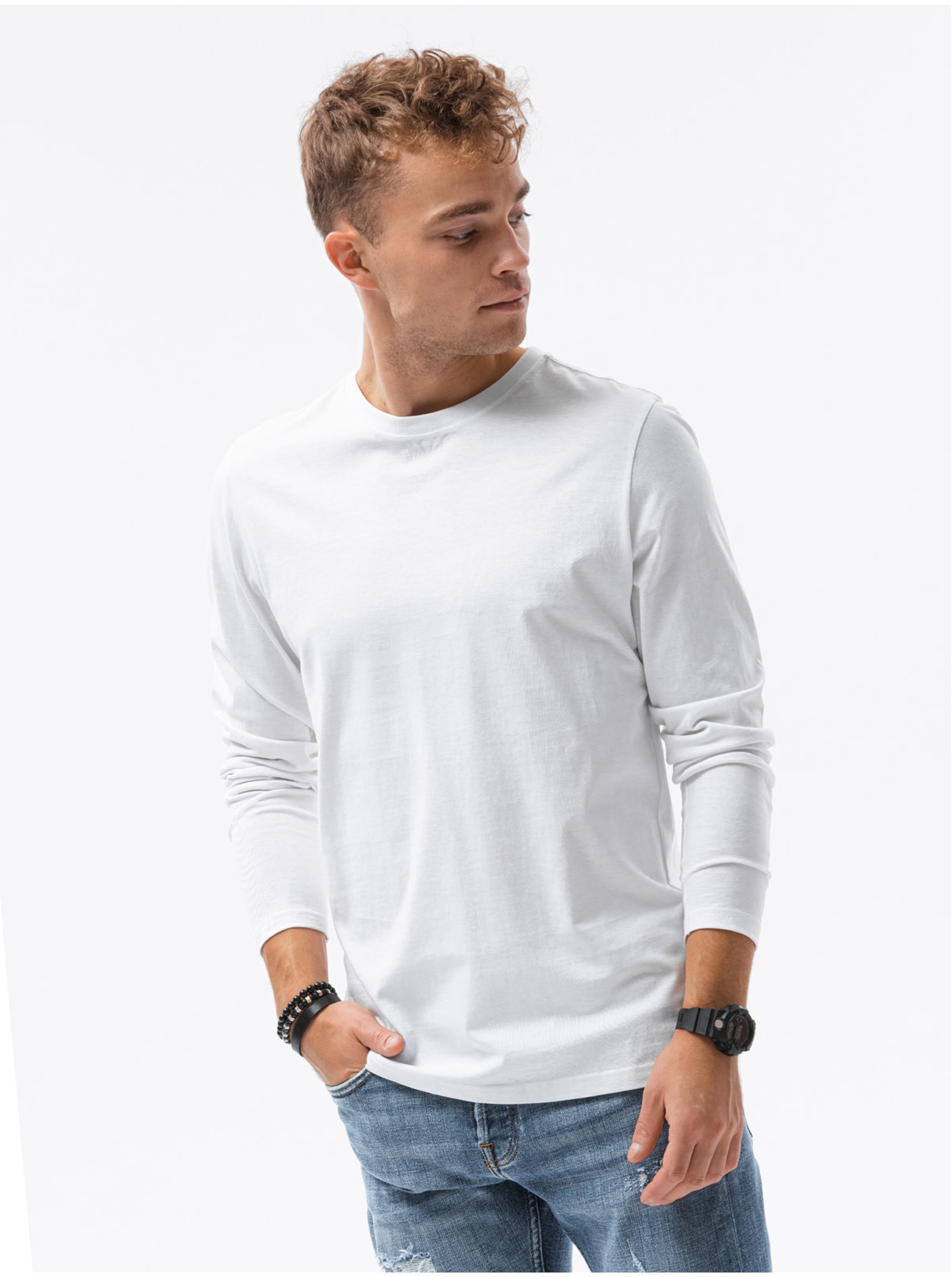 Levně Bílé pánsé tričko s dlouhým rukávem bez potisku Ombre Clothing L138 basic basic
