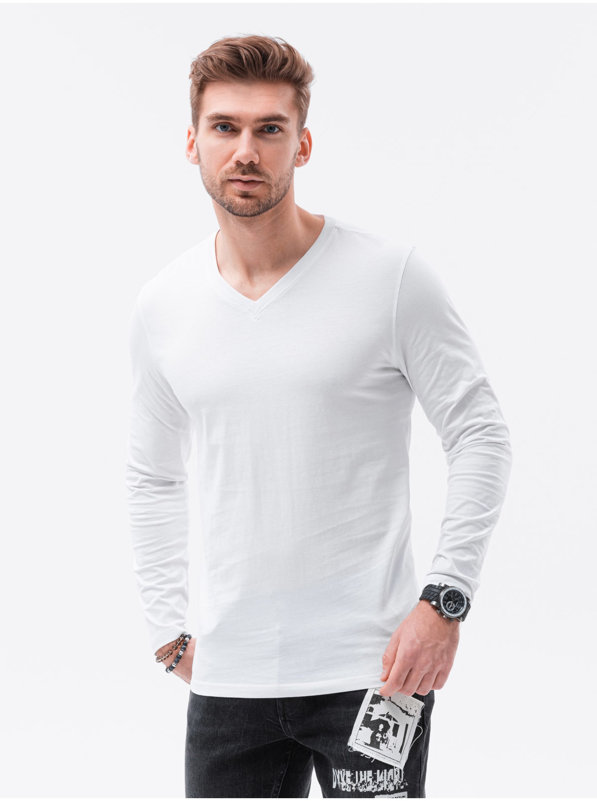 Levně Bílé pánské tričko s dlouhým rukávem bez potisku Ombre Clothing L136 basic