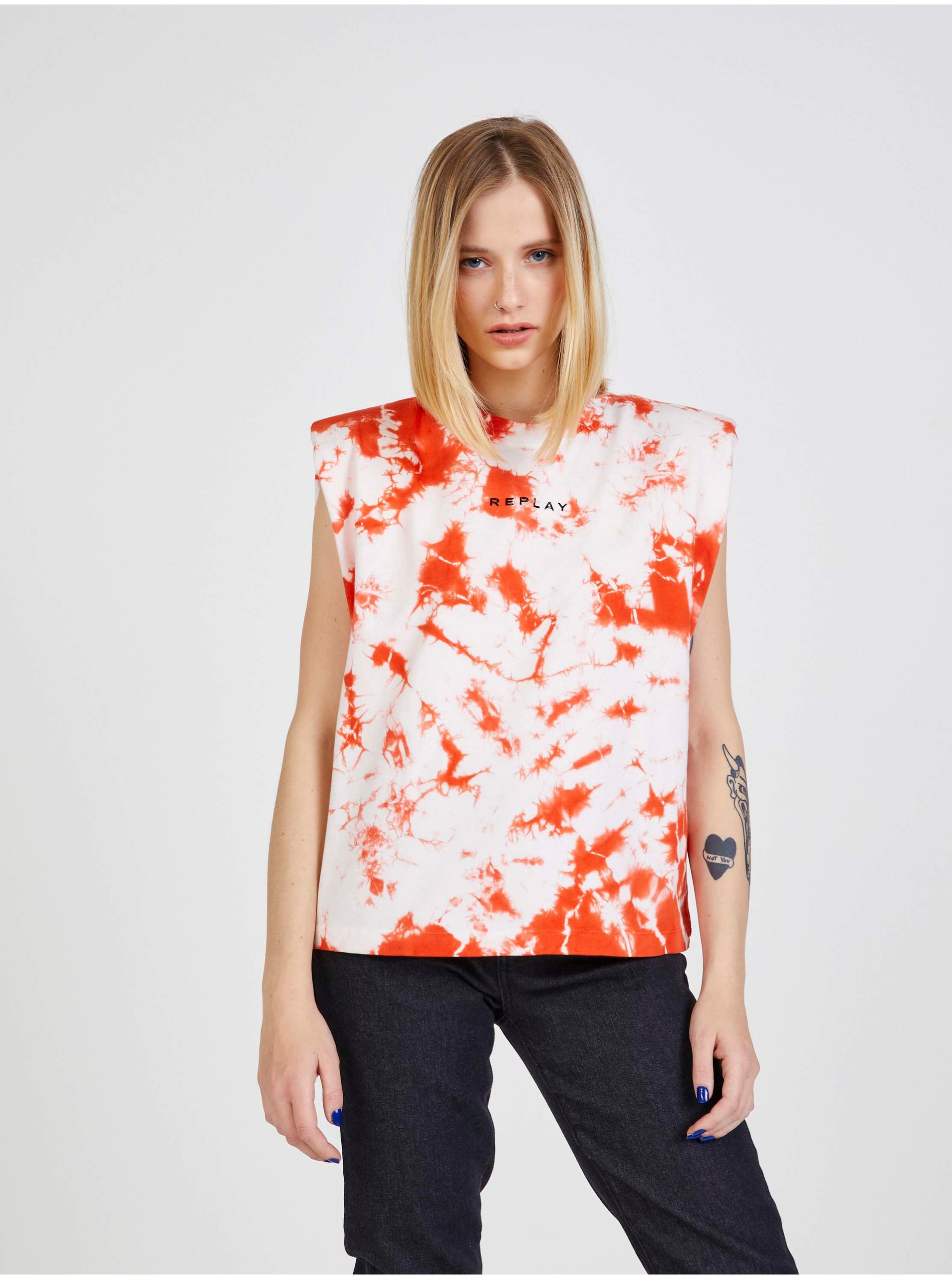 E-shop Oranžovo-biele dámske batikované tričko Replay