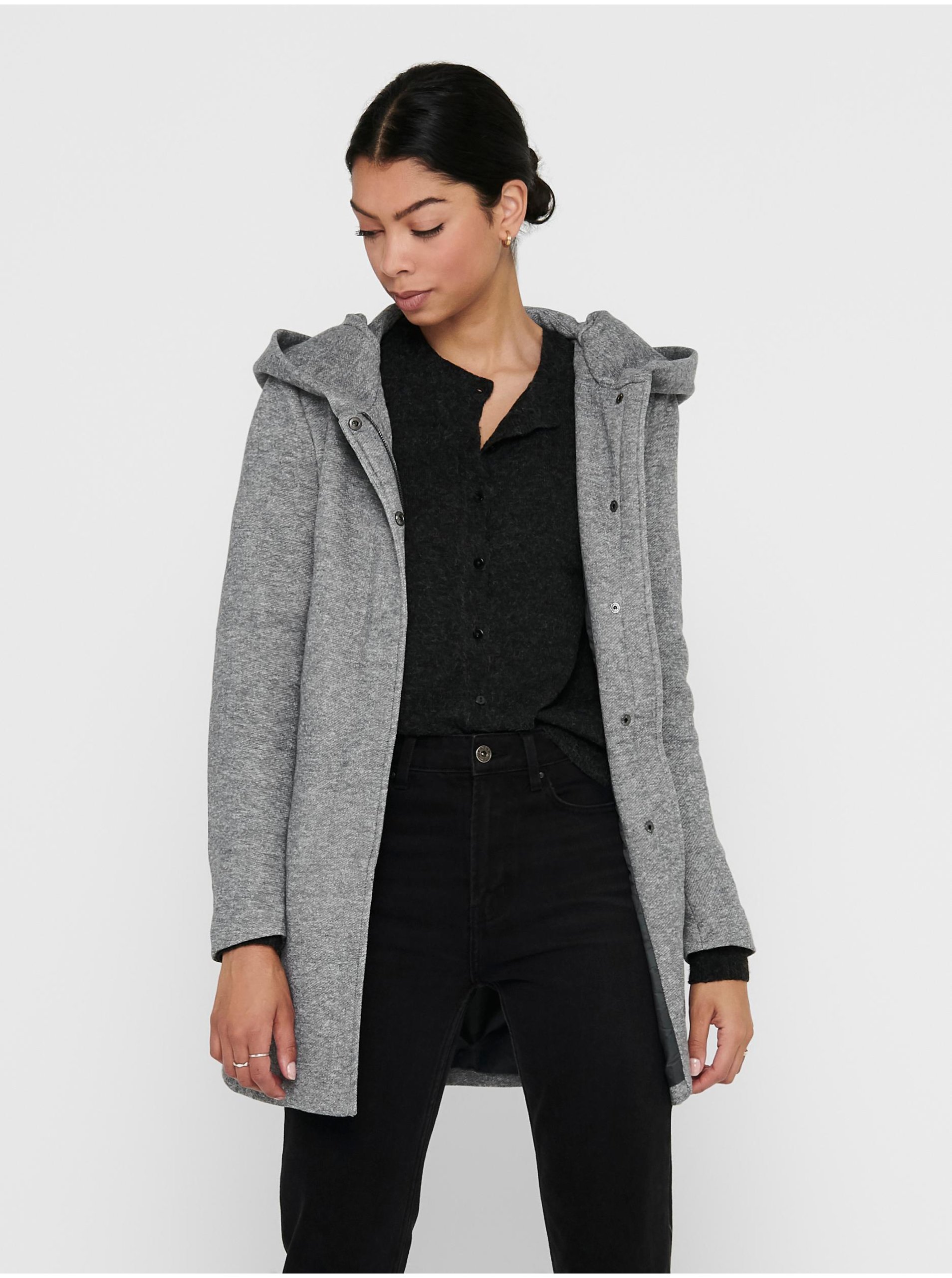 Levně Světle šedý dámský žíhaný lehký kabát s kapucí ONLY Sedona