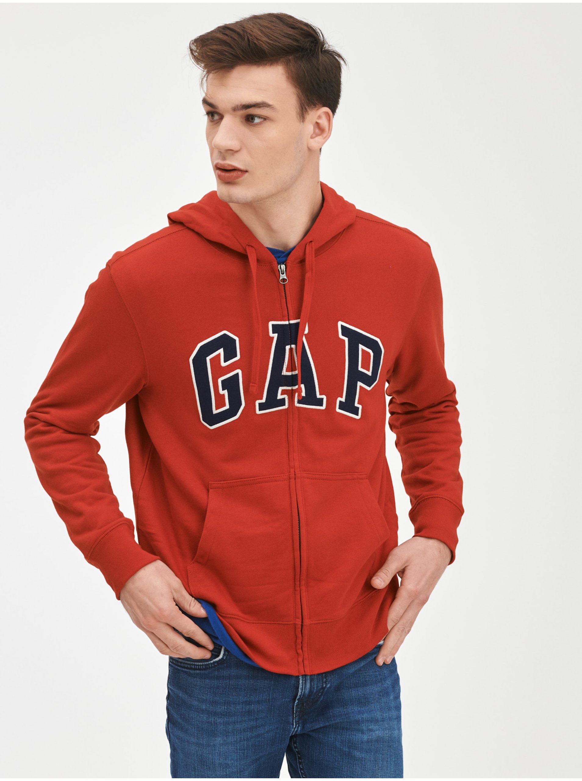 Lacno Červená pánska mikina na zips logo GAP
