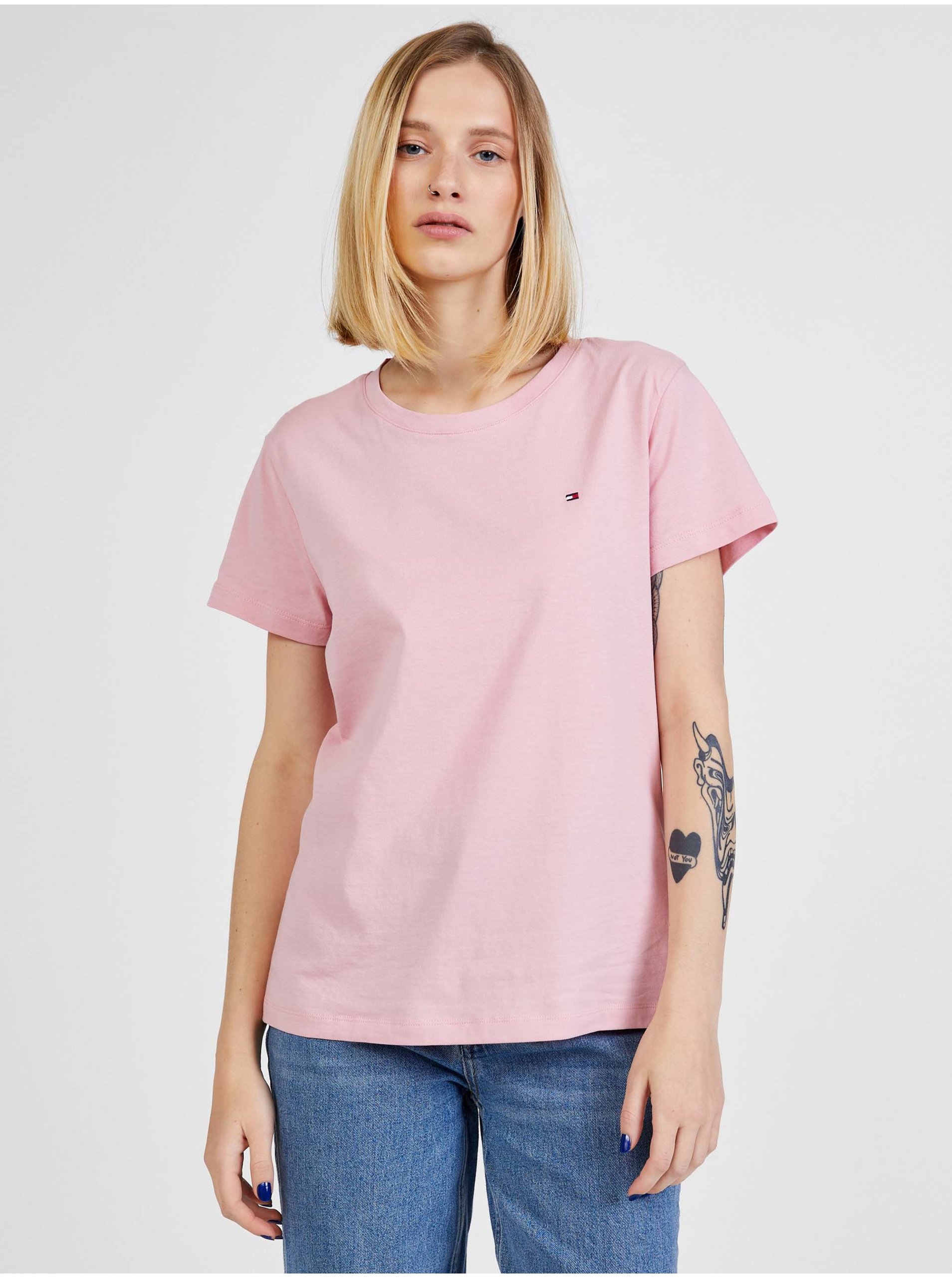 Levně Světle růžové dámské tričko Tommy Hilfiger New Crew Neck