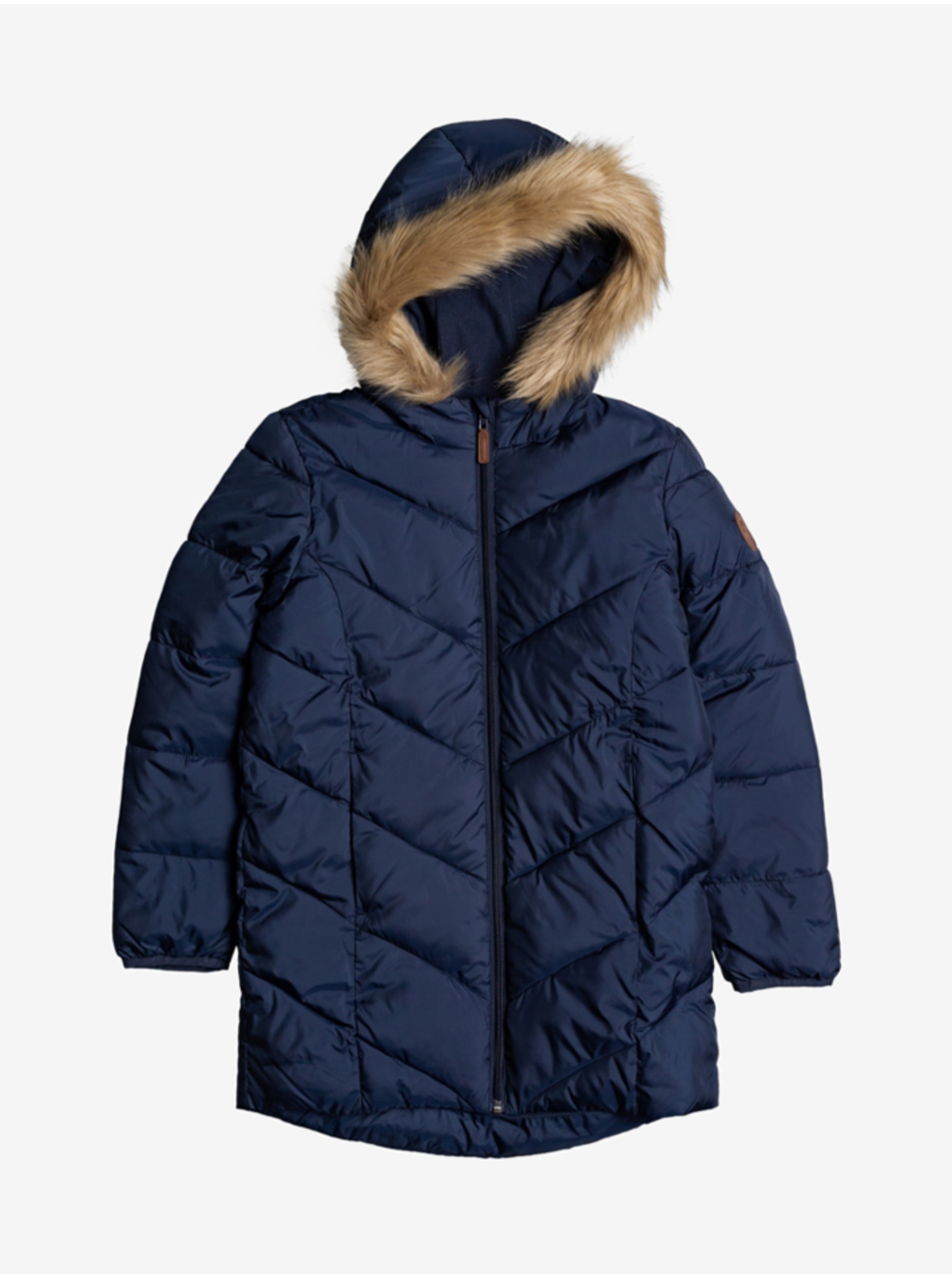 Lacno Tmavomodrý dievčenský prešívaný zimný kabát s kapucou a umelým kožúškom Roxy