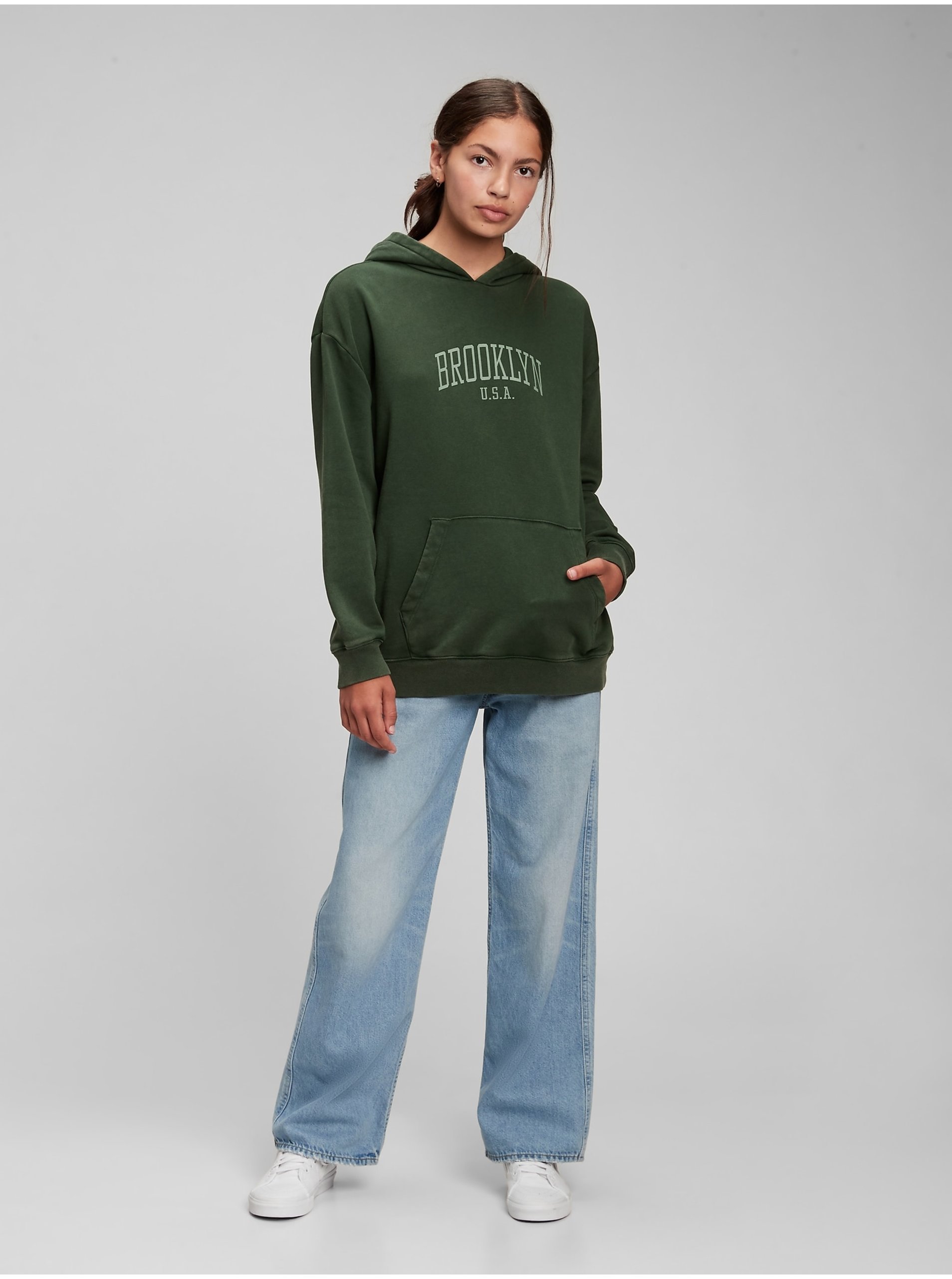 Lacno Zelená dievčenská mikina GAP teen Brooklyn oversized