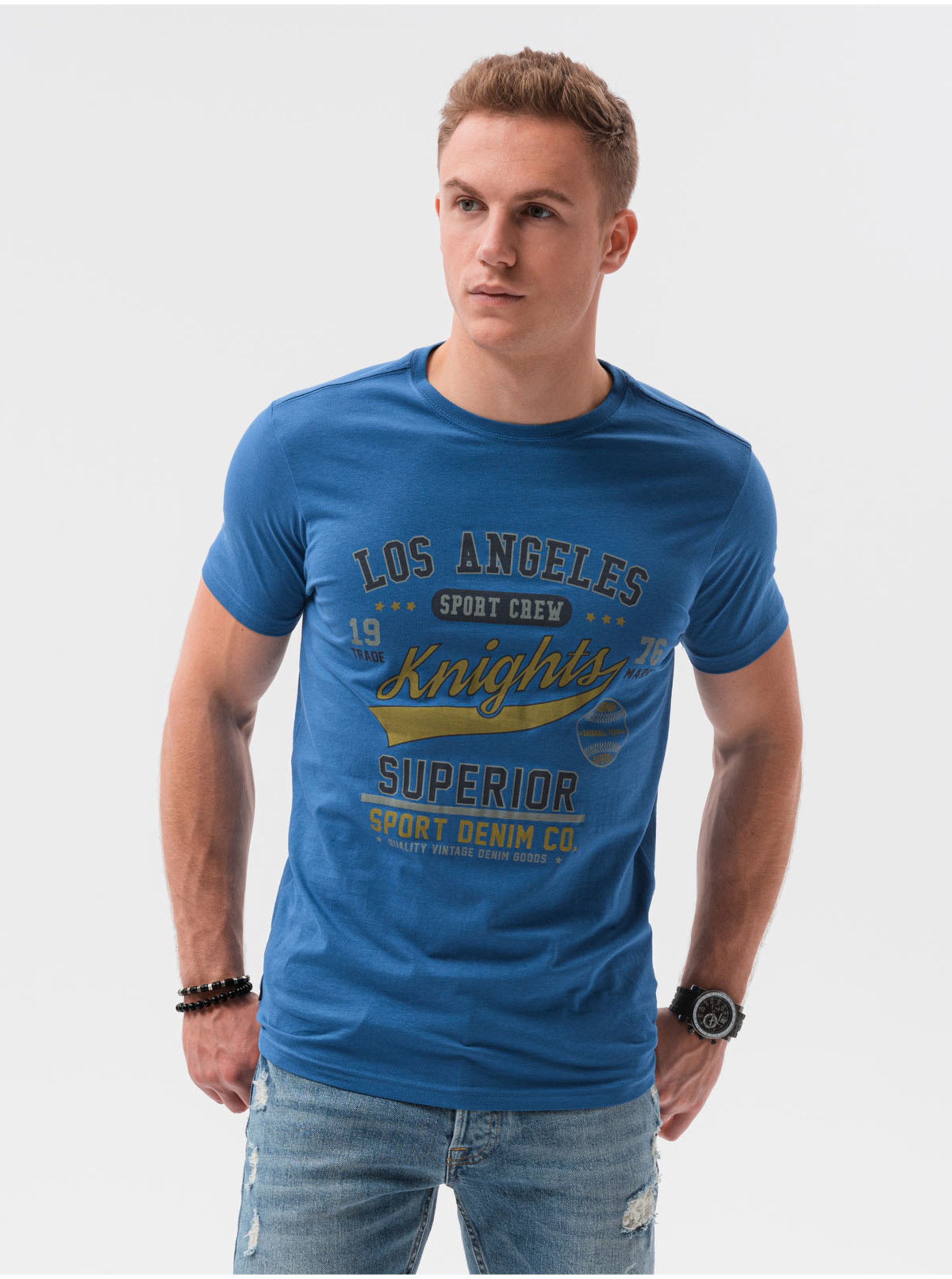 E-shop Pánské tričko s potiskem S1434 V-23A- nebesky modrá