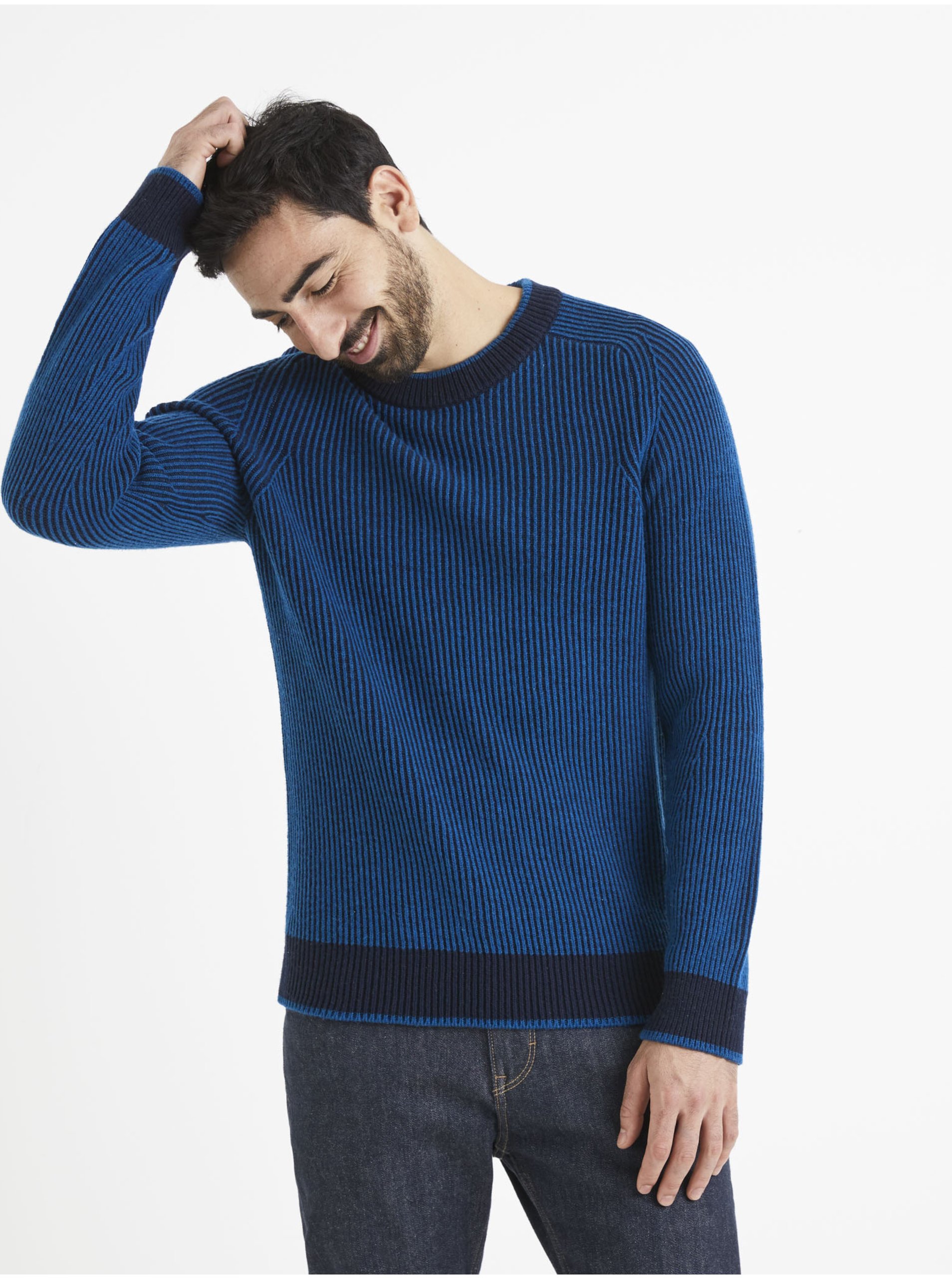 E-shop Černo-modrý pánský svetr s příměsí vlny Celio