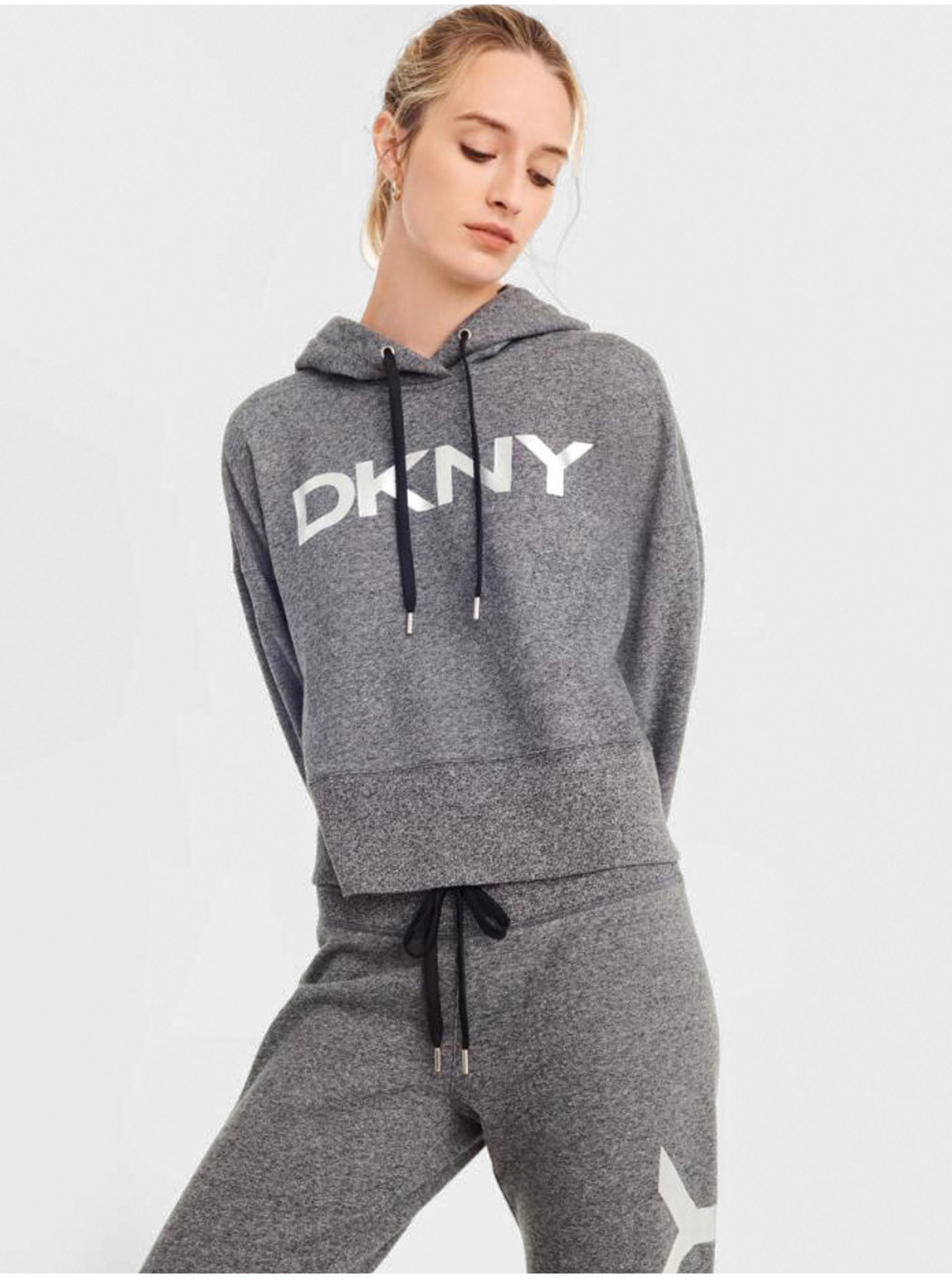 Levně Šedá dámská mikina s kapucí DKNY Exploded Logo