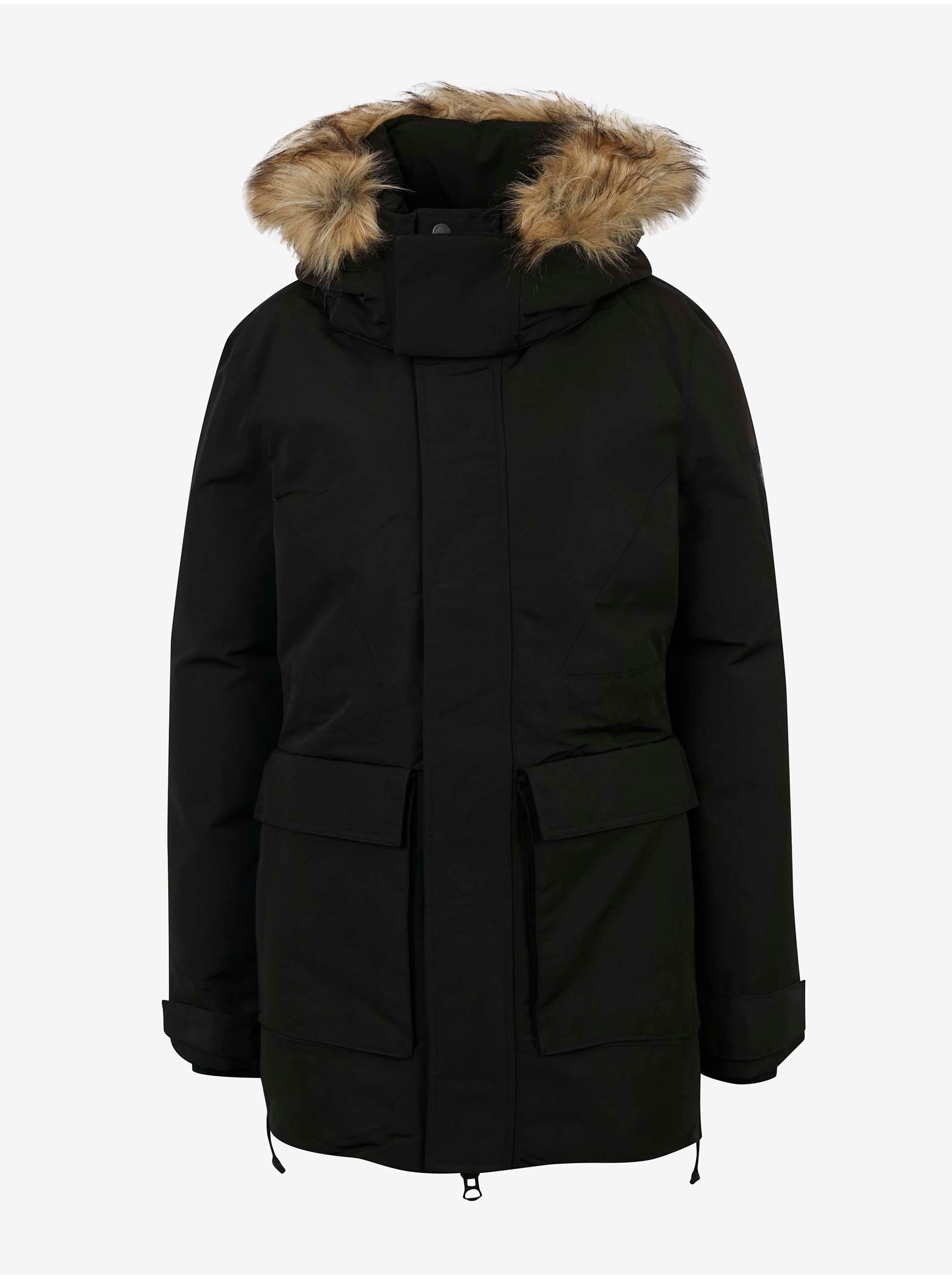 E-shop Čierna dámska parka s kapucňou s umelým kožúškom Superdry Everest