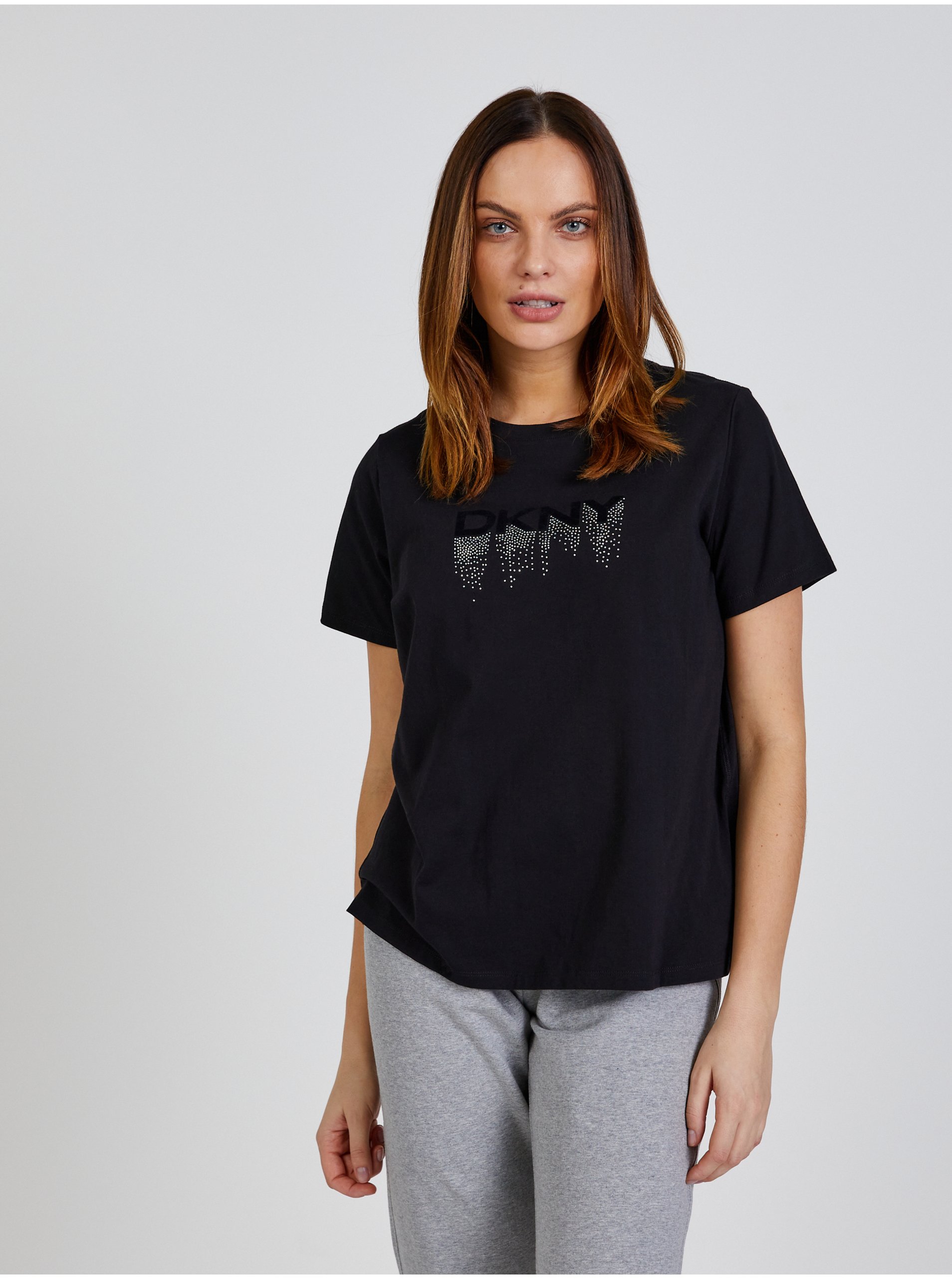 Levně Černé dámské tričko DKNY Embellished Drip