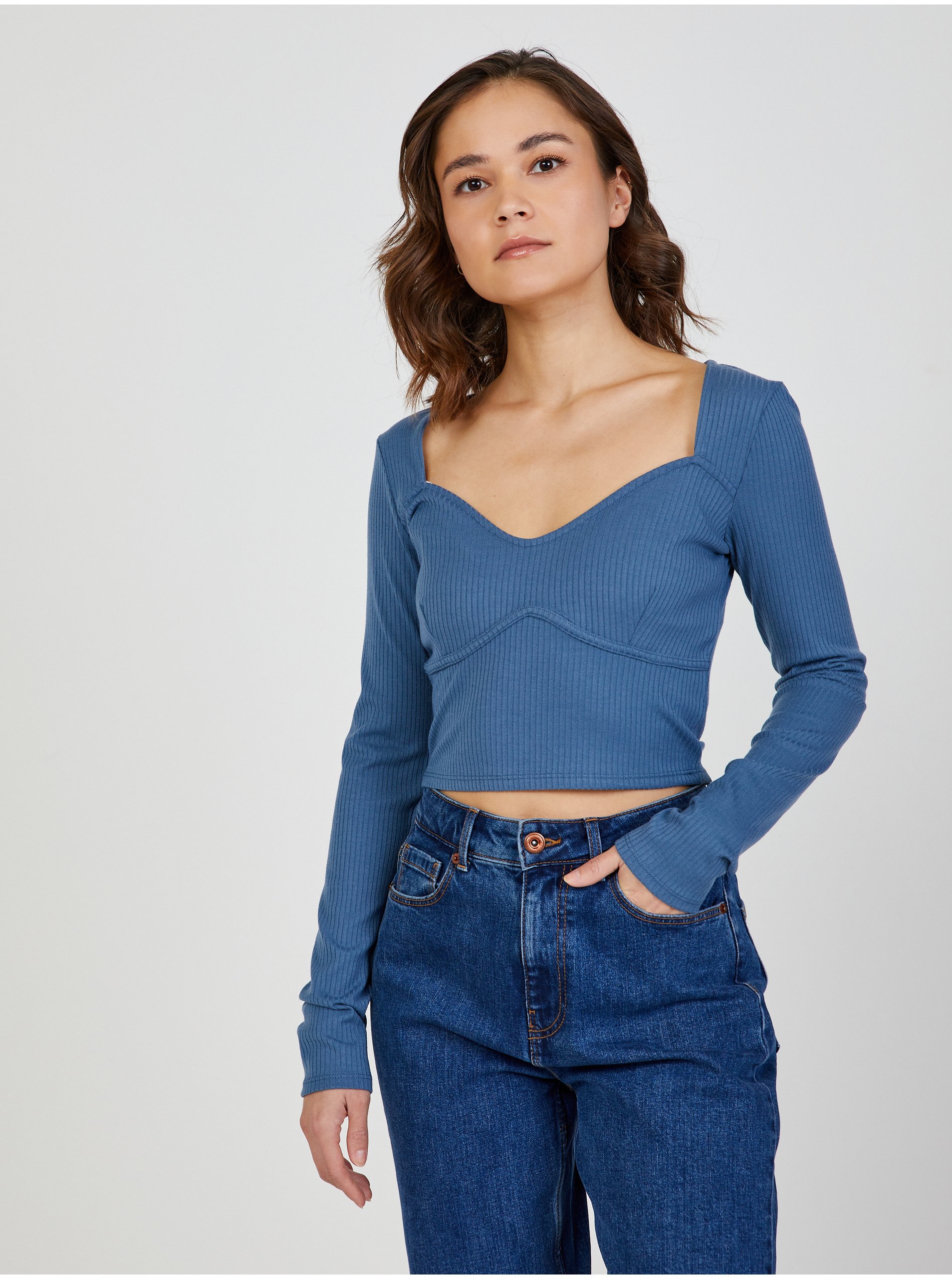 E-shop Modré dámské žebrované cropped tričko TALLY WEiJL
