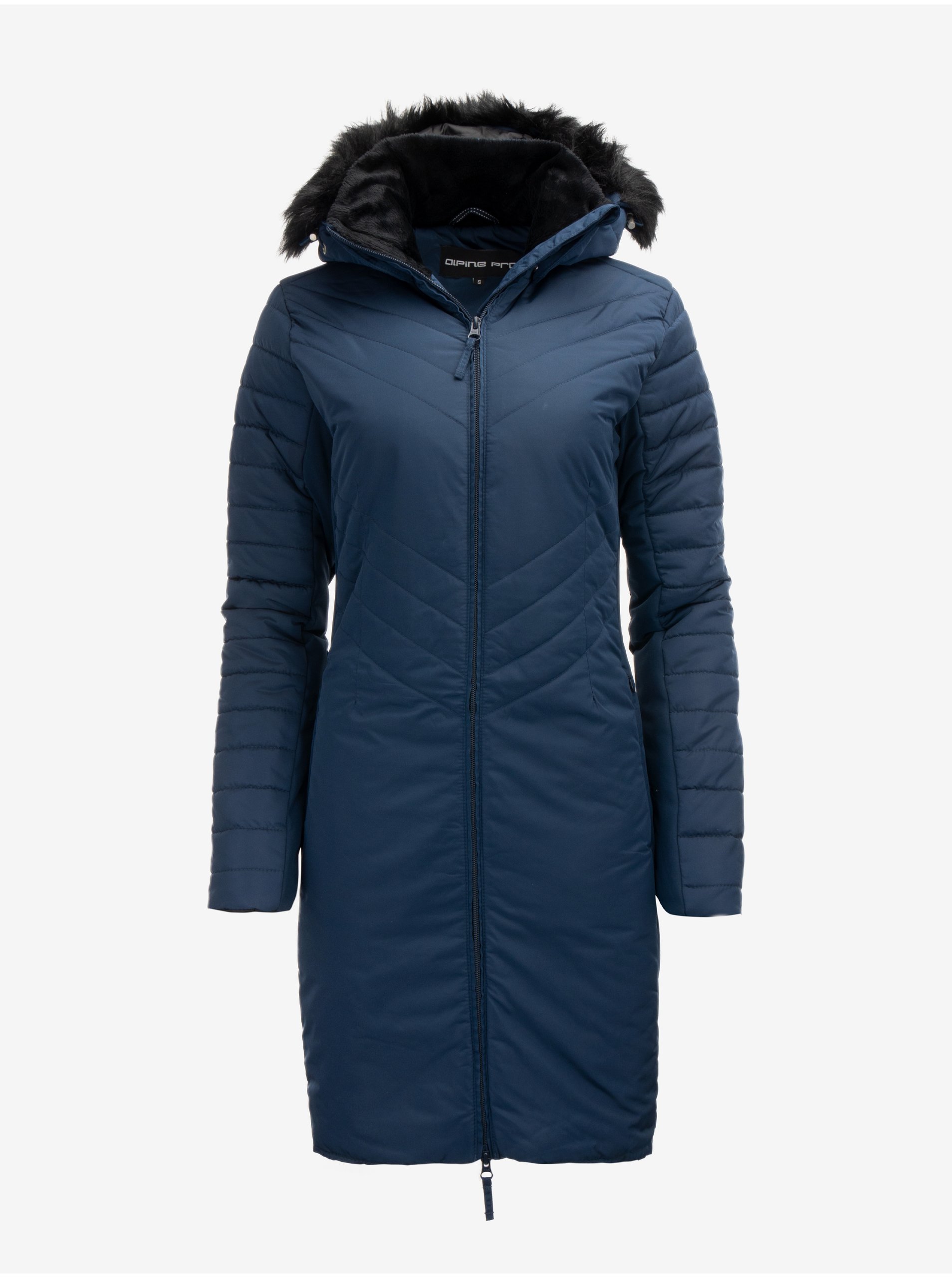 Levně Modrý dámský prošívaný kabát s kapucí s umělým kožíškem Alpine Pro KRESA