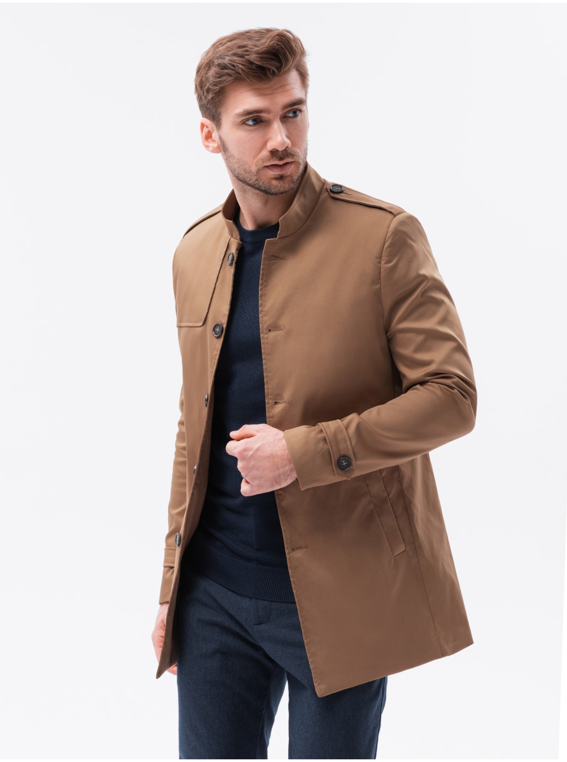 E-shop Hnědý pánský přechodný kabát Ombre Clothing C269
