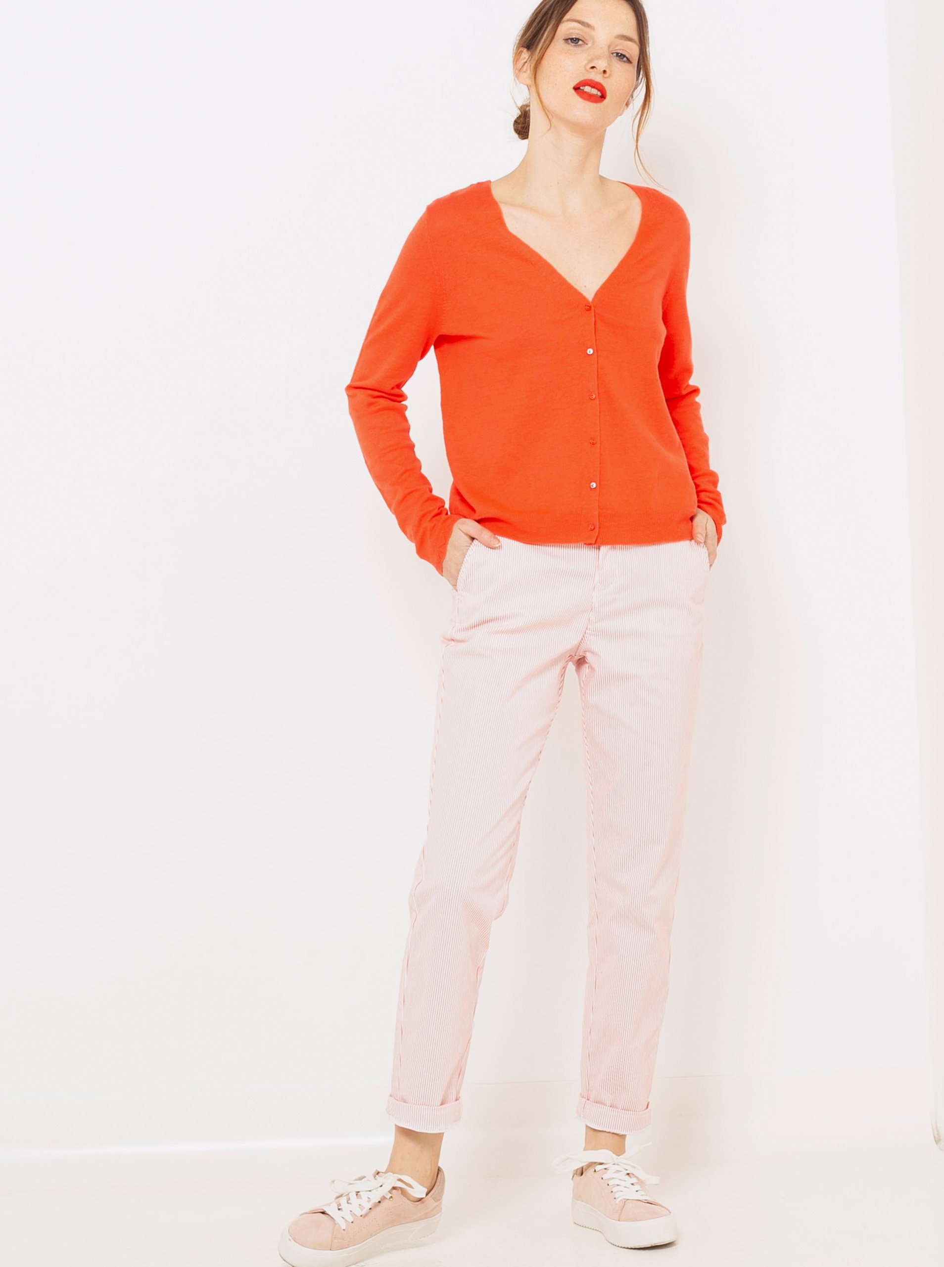 Levně Růžové pruhované straight fit kalhoty CAMAIEU