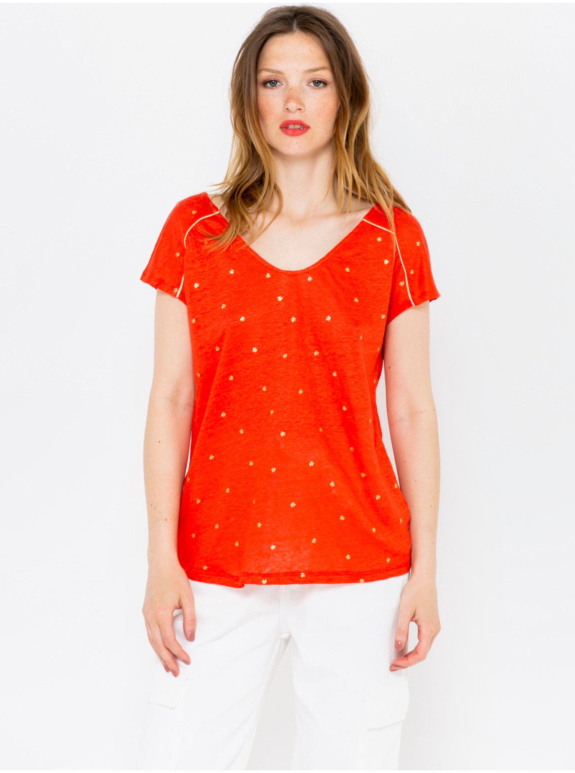Levně Oranžové puntíkované lněné tričko CAMAIEU