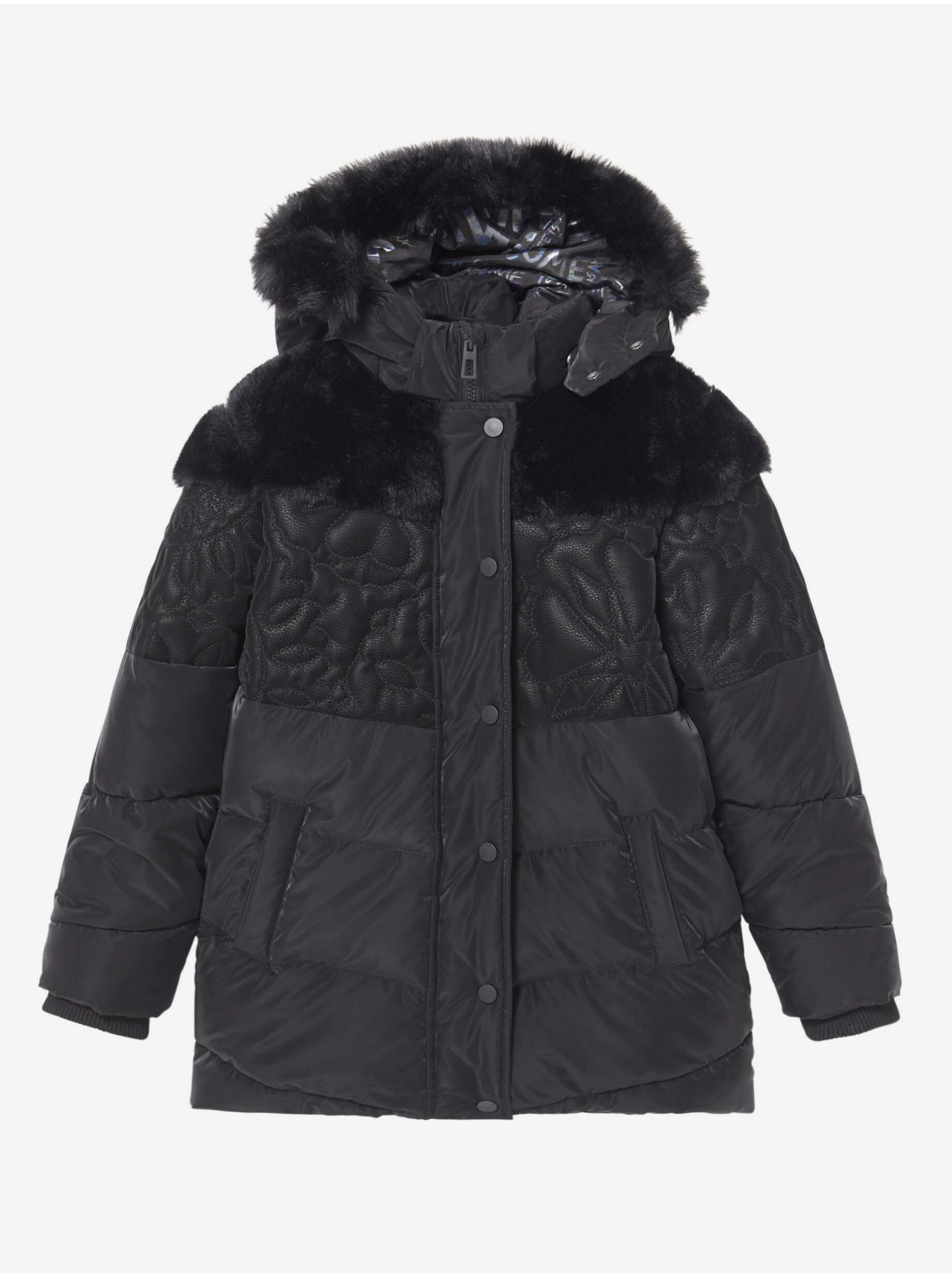 Levně Černá dívčí vzorovaná zimní bunda s kapucí a umělým kožíškem Desigual Kids Exterior
