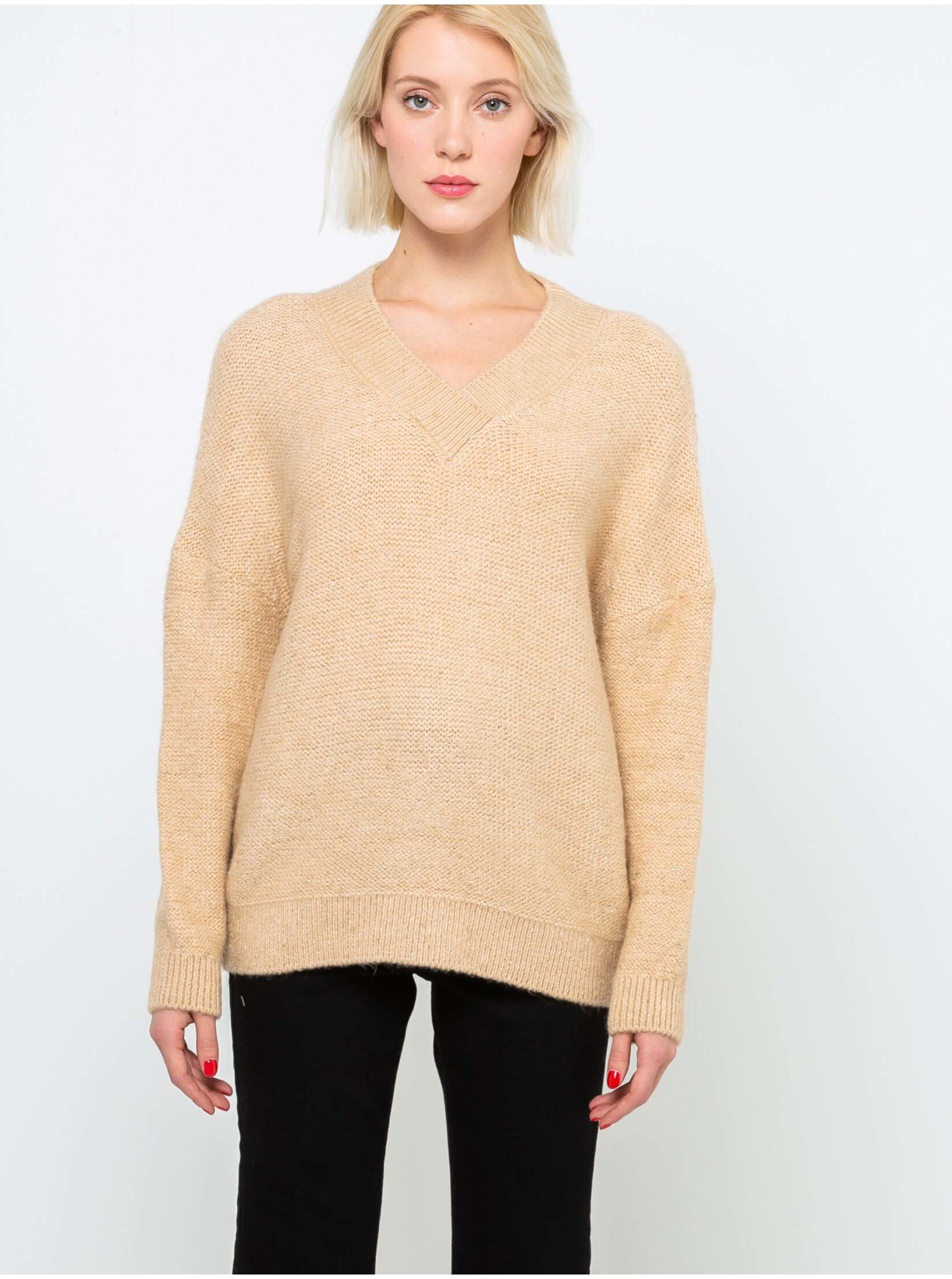 E-shop Béžový svetr s véčkovým výstřihem CAMAIEU