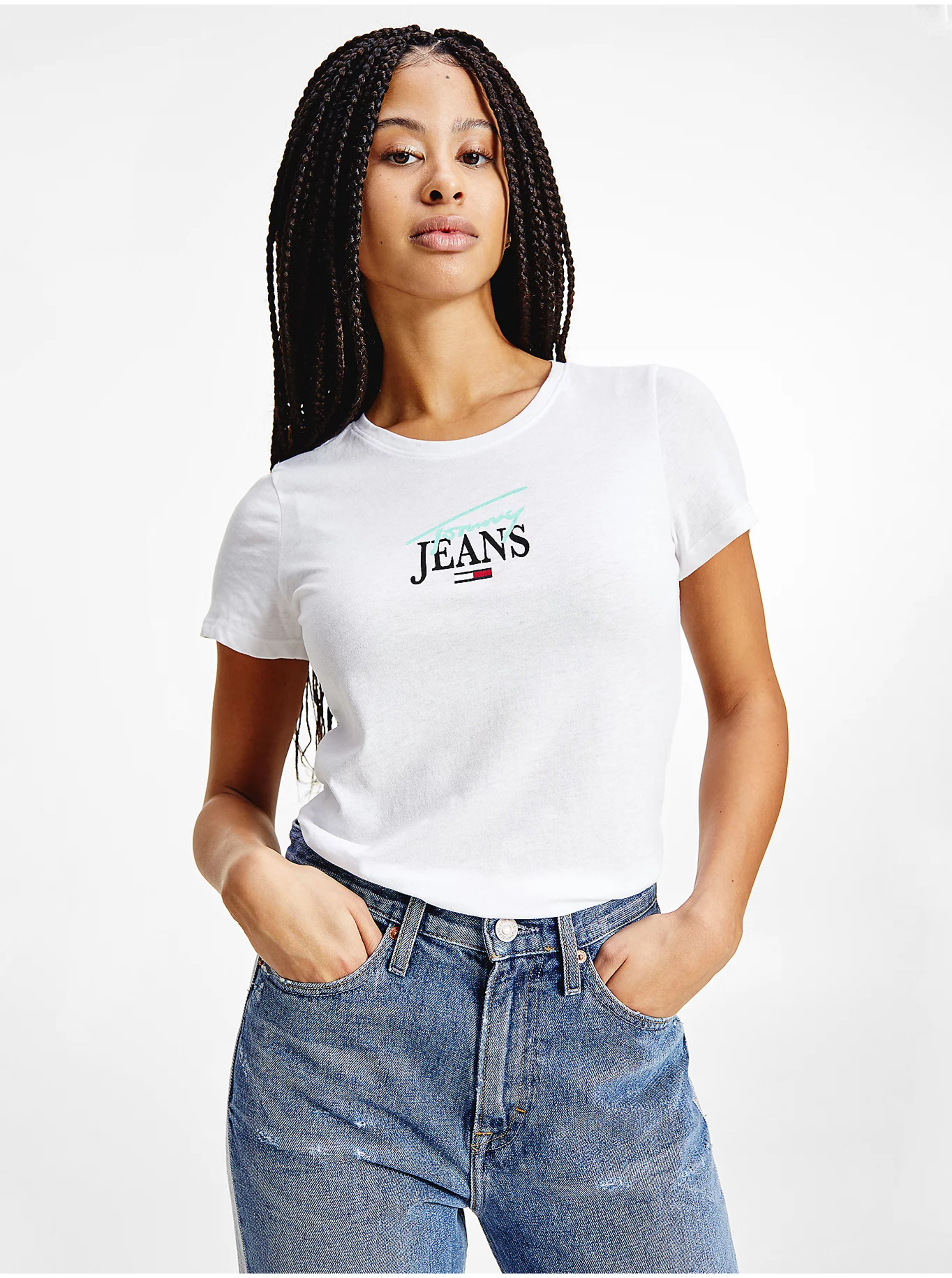 Lacno Biele dámske tričko s potlačou Tommy Jeans